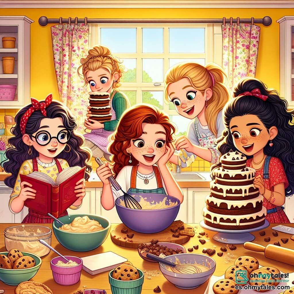 Cuatro chicas de doce años están en una cocina colorida y soleada, rodeadas de tazones de masa para galletas y sobras de pasteles. Clara, con cabello rizado y gafas redondas, está en el centro sosteniendo un libro de recetas, con los ojos brillantes de emoción. A su derecha, Valeria, con cabello liso y una trenza, observa la masa con concentración, lista para mezclar los ingredientes. A la izquierda, Sofía, con cabello pelirrojo y pecas, sonríe mientras añade chispas de chocolate a un gran tazón. Finalmente, Lucía, con cabello negro y una coleta, se ríe mientras intenta estabilizar una torre de pasteles que amenaza con caerse. La cocina está llena de colores vivos: paredes amarillas, cortinas con patrones florales y una gran encimera de madera, donde hay pasteles y utensilios esparcidos. La escena principal muestra a las chicas en acción, intentando construir una torre de pasteles gigante, pero esta comienza a tambalearse, provocando risas y un ambiente alegre.