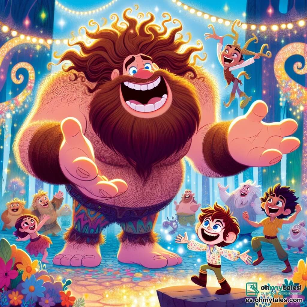 Un gigante alegre llamado Goliat, con una gran silueta, cabello despeinado y una barba suave como una nube, está riendo a carcajadas, con los brazos abiertos, rodeado de sus amigos. Su rostro irradia felicidad, con ojos brillantes y una amplia sonrisa que muestra sus dientes blancos. A su lado, Pepito, un niño de 8 años, con cabello castaño alborotado y una camisa colorida, está contando un chiste, gesticulando con entusiasmo. Se sostiene sobre una pequeña piedra para estar a la altura de Goliat, y su rostro está iluminado por una gran sonrisa. El decorado se sitúa en la hermosa plaza de Risotopia, llena de flores multicolores, farolitos brillantes y criaturas fantásticas que bailan y ríen a su alrededor. En el fondo, árboles con troncos retorcidos y ríos brillantes añaden un toque mágico al entorno. La situación principal muestra a Goliat, el gigante, liberado de un arbusto, rodeado de sus amigos que ríen juntos, celebrando su amistad y la alegría de compartir risas en un entorno encantador.