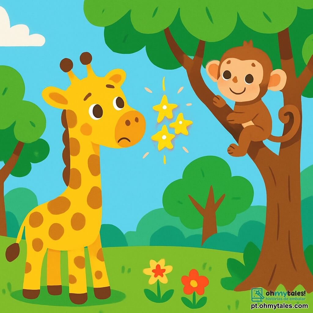 Uma girafa de pescoço longo, com pelagem manchada de amarelo e marrom, está alegremente embaixo de uma grande árvore, seus grandes olhos brilhando de curiosidade e excitação. Ela observa um cacho de frutas douradas que cintilam como estrelas ao sol, suas longas patas elegantes firmes na grama verde. Perto dali, um pequeno macaco travesso, com pelagem marrom claro e uma cauda enrolada, sobe em um galho, observando a girafa com um sorriso malicioso. O cenário é uma floresta vibrante, cheia de árvores com folhas luxuriantes, flores coloridas e um céu azul brilhante. A girafa hesita, pensando nas frutas douradas, questionando-se se deve compartilhá-las com seus amigos ou mantê-las para si.