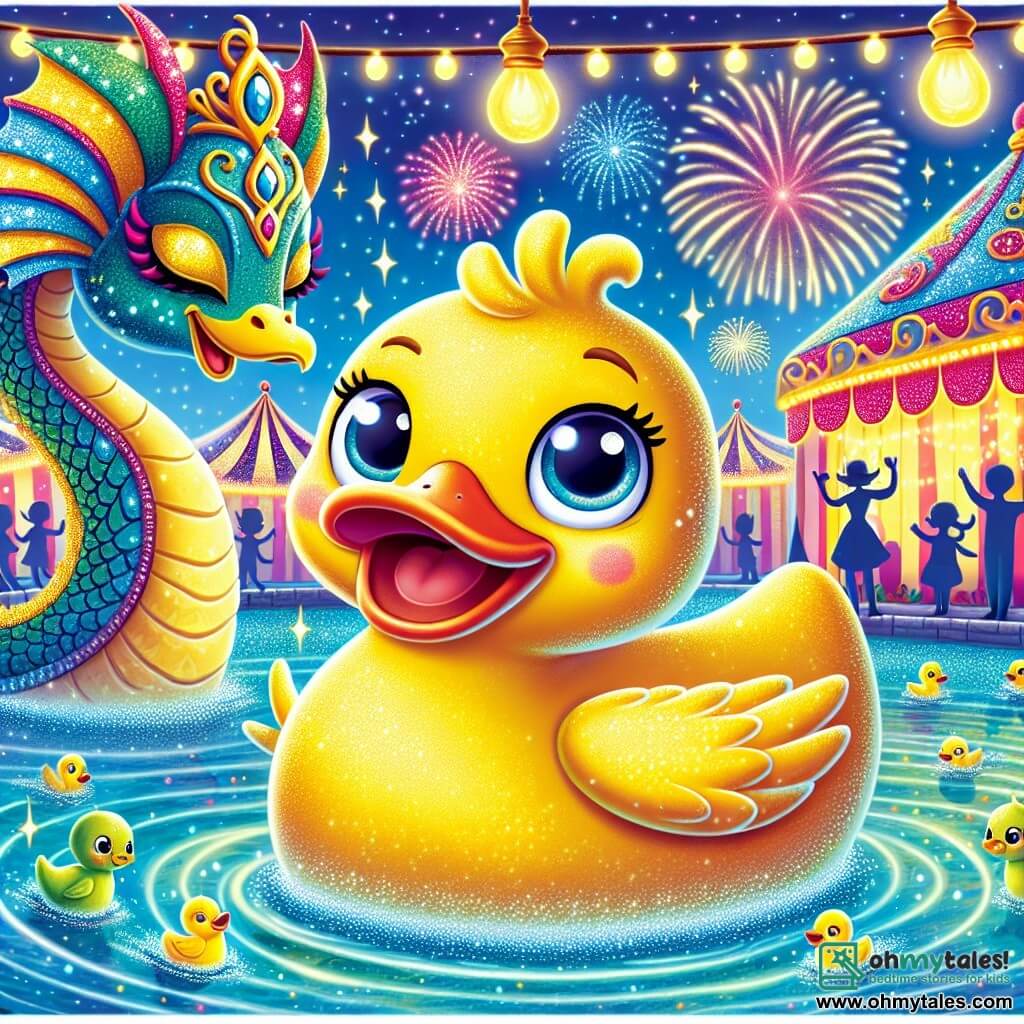 In the center of the image, Benny, a bright yellow rubber duck, joyfully floats on a sparkling pond, his round eyes sparkling with excitement and a wide smile on his beak. He is surrounded by small waves dancing around him, reflecting the sunlight. To the left, Seraphina, a magical dragon-like creature with shimmering scales and a golden horn, stands on the shore. Her expression is gentle and welcoming as she looks at Benny with an encouraging smile, her delicate wings slightly spread. In the background, the scene is a fairy-tale carnival, with colorful tents featuring vibrant patterns, sparkling lanterns hanging from trees, and fireworks lighting up the starry sky. Silhouettes of joyful spectators move about, adding to the festive atmosphere. The main scene shows Benny, full of enthusiasm, ready to dive into the adventure of the Carnival of Wonders, while Seraphina encourages him to explore this magical world before them.