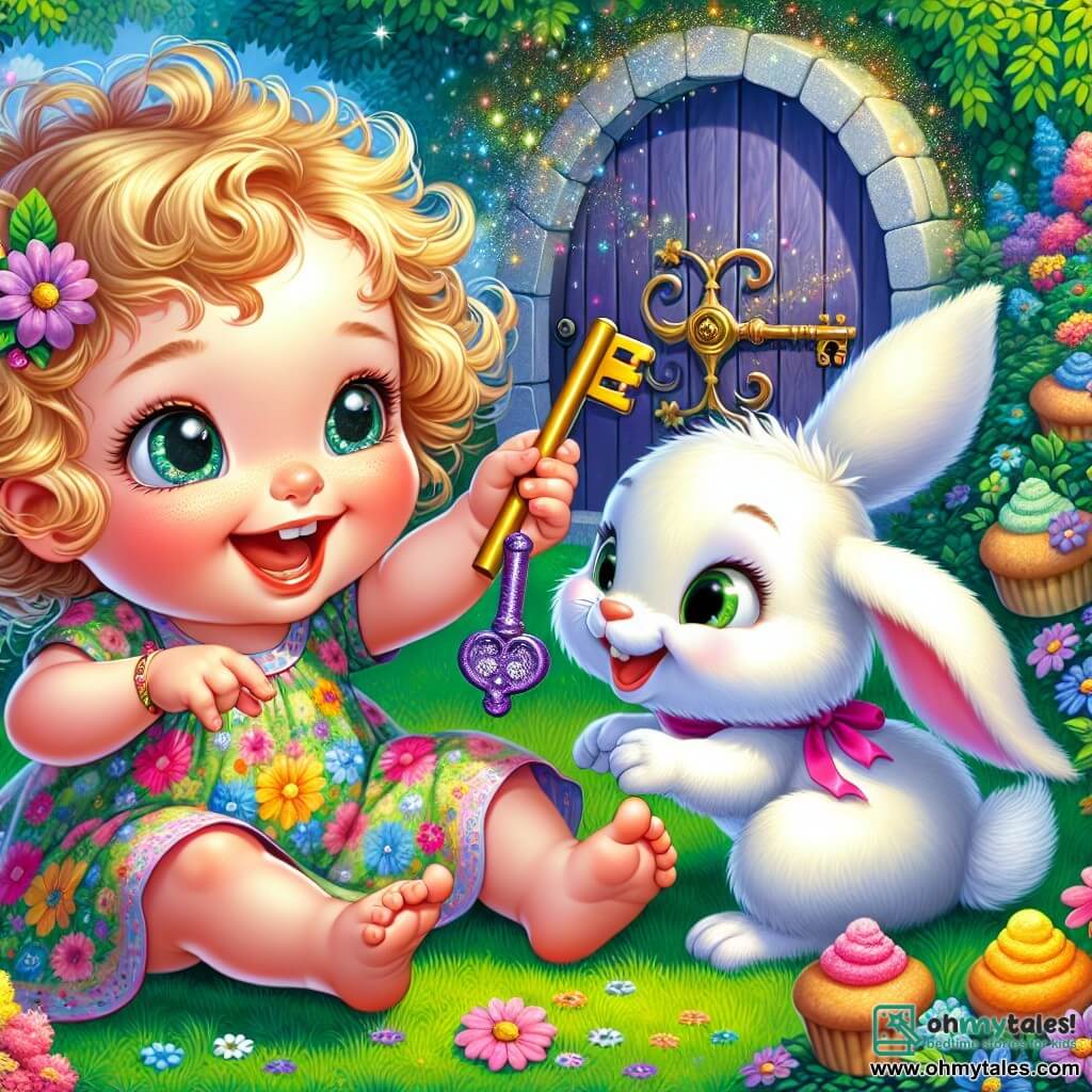 A one-year-old girl named Daisy, with big sparkling eyes and curly golden hair, is sitting on the green grass, laughing heartily. She wears a colorful floral dress and holds a sparkling purple key in her small hand. Next to her is an adorable rabbit named Binky, with white fur and long floppy ears, happily hopping around. He has a mischievous smile and seems ready to lead her on an adventure. The setting is an enchanted garden filled with colorful flowers swaying gently in the breeze, and in the background, a large tree with a round, shining door surrounded by magical light. The scene shows Daisy inserting the key into the lock of the magical door, with bursts of light emanating from it, while dancing cupcakes float around them, creating a joyful and playful atmosphere.