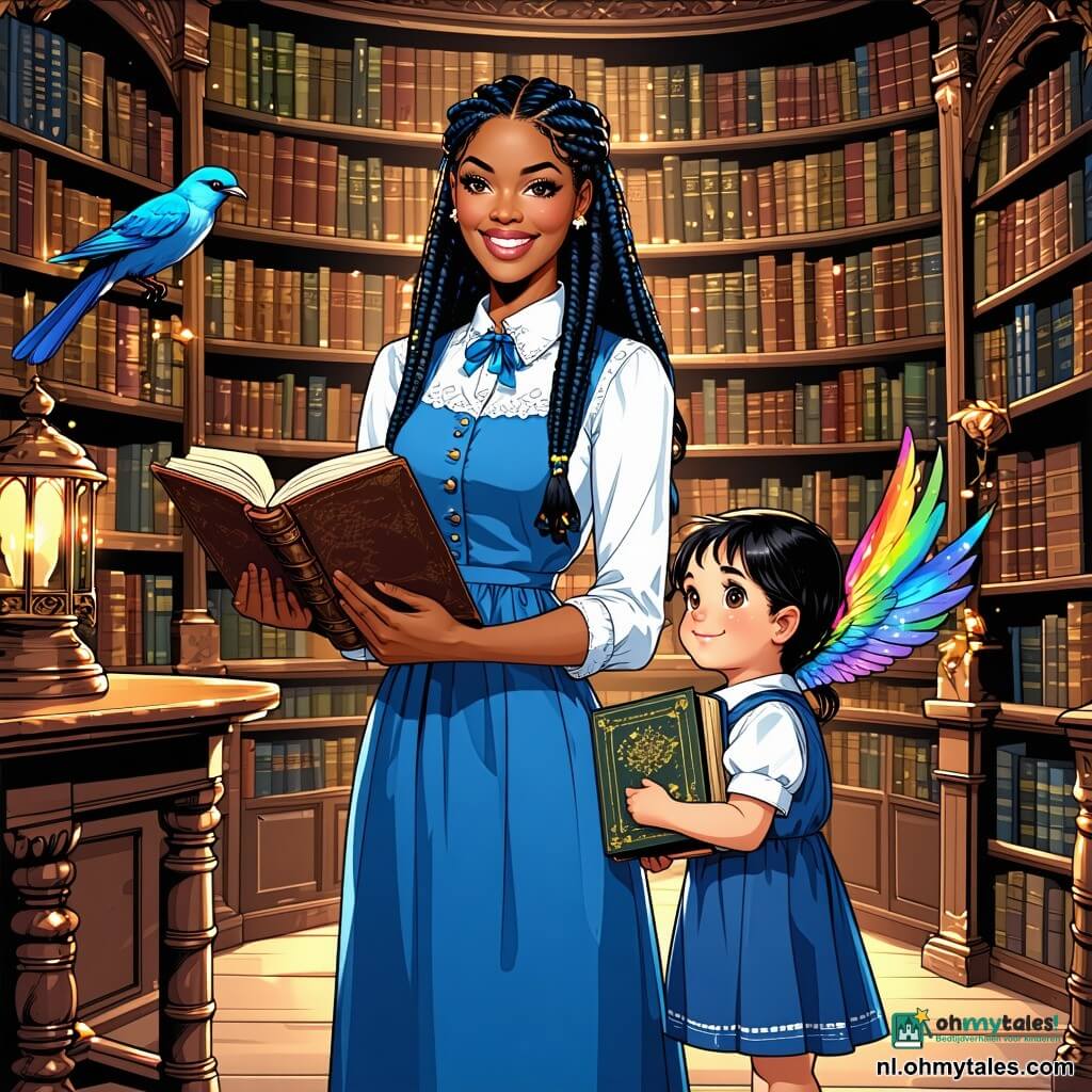 Een glimlachende en verwonderde vrouw (Layla) met glinsterende ogen, een blauw golvende jurk en glad zwart haar houdt in het midden van een magische bibliotheek een groot bewerkt leren atlas vast; links van haar, iets naar voren, staat een ongeveer 8‑jarig meisje met lange zwarte vlechten en een nieuwsgierig blij gezicht dat een kleine open kooi vasthoudt waaruit een regenboogvogel opstijgt; boven de atlas vliegt een iriserende vogel die gouden vonken verspreidt; de ruime bibliotheek heeft gebeeldhouwde houten kasten, zwevende boeken omgeven door zilveren sterrenstof, oosterse glas-in-loodramen met warm goud licht, rode Perzische tapijten en zuilen met arabeske motieven; het atlas opent en laat lichtgevende pagina’s los die zich vormen tot kleine vliegende beelden — magische, warme sfeer, rijke kleuren (diepblauw, goud, rood), duidelijke franco‑Belgische, kindvriendelijke expressieve stijl.