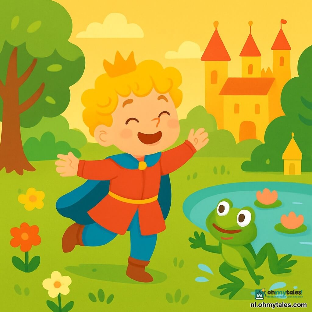 Een jonge prins van ongeveer 6 jaar, met krullend blond haar en een stralende glimlach, danst vrolijk op het groene gras met zijn armen wijd open, omringd door kleurrijke bloemen. Naast hem springt een kleine groene kikker met grote ronde ogen en een vriendelijke uitdrukking vrolijk, klaar om hem te helpen opstaan. De achtergrond is een prachtige koninklijke tuin met majestueuze bomen met glanzende bladeren, een zachte gouden zonneschijn die door de takken filtert, en een sprankelend klein vijvertje met roze waterlelies. De hoofdscène toont de lachende prins die plezier heeft, terwijl de kikker een grappige sprongetje maakt en water spettert. De sfeer is vol vreugde en magie, met levendige kleuren en betoverende details.