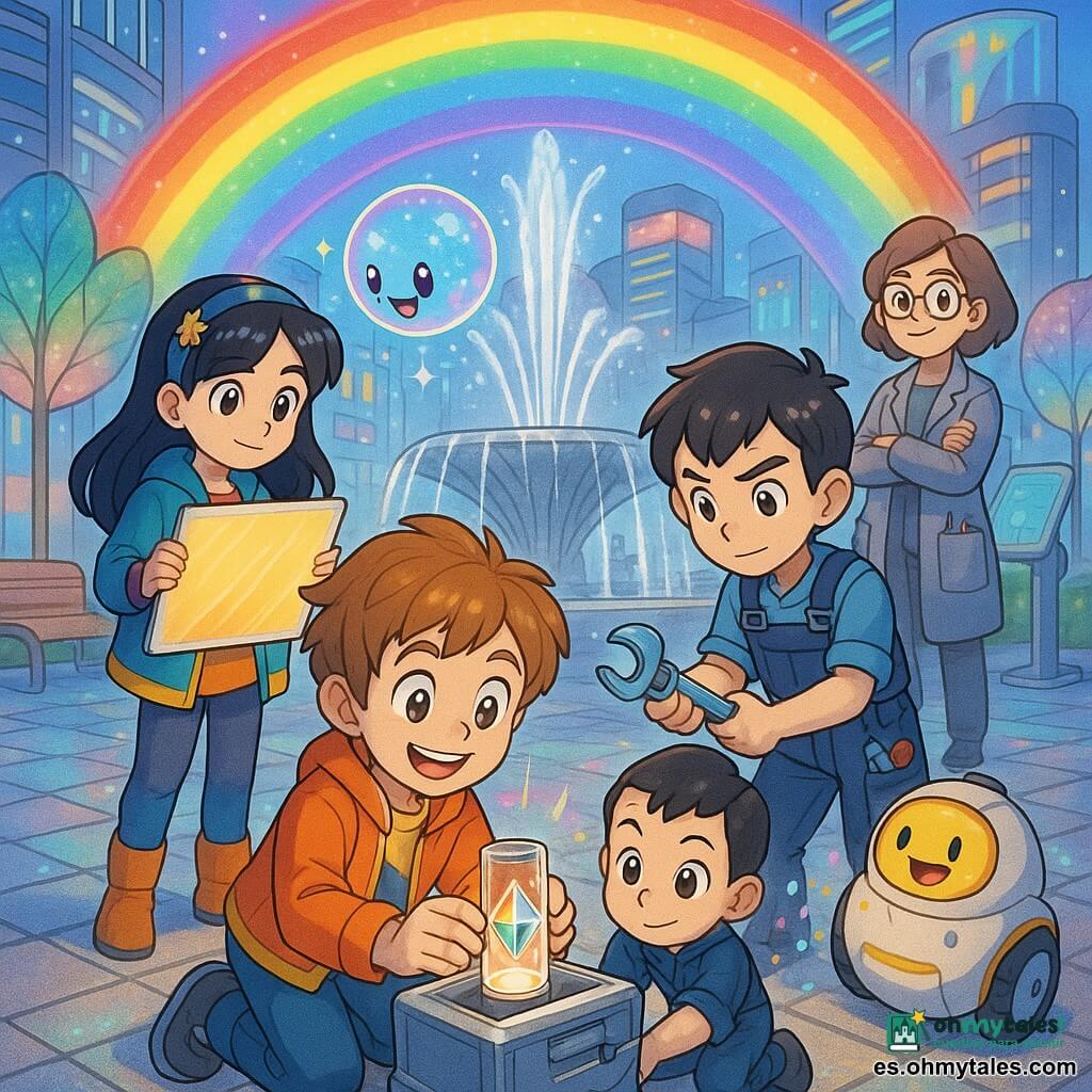 Un niño de 8 años, Leo, rostro redondo, cabello castaño claro despeinado, amplia sonrisa y ojos brillantes, arrodillado junto a una fuente futurista colocando con cuidado un pequeño cilindro transparente con un prisma brillante en una carcasa de metal pulido; detrás, Vega, niña de ~9 años, cabello negro recogido con una diadema de estrellas y ropa colorida, de pie y serena, sostiene una gran placa luminosa como paraguas contra el viento; a la derecha, Niko, chico de ~9 años de cabello corto y oscuro con mono y bolsillos de herramientas, concentrado, da una llave mágica-herramienta para apretar un tornillo cerca del módulo; Luma, pequeña esfera holográfica del tamaño de una pelota en tonos pastel azul-rosado, flota sobre el módulo emitiendo chispas de píxeles y muestra curiosidad alegre; Ruedo, pequeño carrito robot redondo blanco mate con acentos amarillos y pantalla sonriente, estacionado al lado proyecta confeti holográfico; Tania, técnica adulta de ~35 años con gafas redondas y bata gris con bolsillos de herramientas, al fondo con los brazos cruzados y sonrisa orgullosa junto a un panel de control flexible; escena en la plaza central de una ciudad futurista con suelo de losas luminosas reactivas, grandes edificios con pantallas flexibles que reflejan arcoíris, árboles-lámpara de hojas translúcidas que cambian de color, bancos con pantallas curvas y una gran fuente metálica de chorros finos; momento clave: el equipo instala el módulo prismático y al colocarlo surge de la fuente un arcoíris holográfico nítido y saturado (rojo, naranja, amarillo, verde, azul, violeta) formando un puente luminoso sobre los personajes, con atmósfera alegre y colaborativa; estilo gráfico: trazos manga suaves, colores vivos y contrastados, iluminación cálida desde el prisma, texturas en metal y superficies flexibles, expresiones exageradas y amistosas.