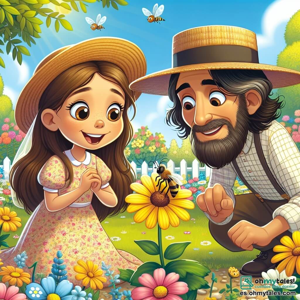 Una niña de 7 años, Emma, con largos cabellos castaños y ojos llenos de curiosidad, se inclina maravillada sobre una brillante flor amarilla en un jardín primaveral. Lleva un vestido ligero de flores y un sombrero de paja, y su rostro irradia alegría y emoción. Junto a ella, el Señor Pérez, un hombre de mediana edad con una sonrisa cálida, lleva un gran sombrero de paja y una camisa a cuadros. Observa atentamente una abeja que poliniza, explicándole a Emma la importancia de los polinizadores. El jardín es un lugar encantador, lleno de flores coloridas, vegetación exuberante y árboles en flor, con un pequeño camino de grava que serpentea entre los parterres. El sol brilla en un cielo azul claro, y los pájaros cantan alegremente en las ramas. La escena principal muestra a Emma y al Señor Pérez explorando y descubriendo la belleza de la naturaleza en primavera, mientras Emma toma notas en su pequeño cuaderno, cautivada por las maravillas que la rodean.