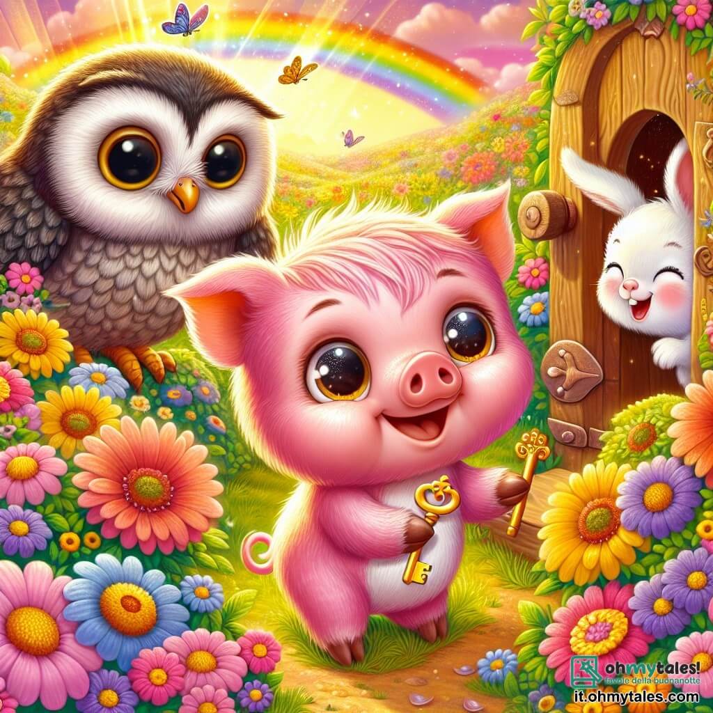 Un piccolo maialino di nome Poldo, con un pelo rosa brillante e occhi scintillanti di curiosità, si trova al centro dell'immagine, sorridendo con entusiasmo mentre tiene una chiave dorata tra le sue piccole zampette. Alla sua destra, un saggio gufo di nome Gino, con piume grigie e grandi occhi rotondi, è posato su un ramo, osservando Poldo con benevolenza, mentre a sinistra, una gioiosa coniglietta di nome Lella, con lunghe orecchie e pelo bianco, danza tra i fiori colorati, aggiungendo un tocco di allegria alla scena. Il contesto è un magnifico prato fiorito, illuminato da una luce dorata, con fiori vivaci di tutti i colori, farfalle che svolazzano e, sullo sfondo, un arcobaleno brillante che tocca quasi il suolo, creando un'atmosfera magica. La situazione principale mostra Poldo, Gino e Lella che scoprono una piccola porta di legno nascosta dietro un cespuglio, con espressioni di meraviglia ed eccitazione sui loro volti, pronti a esplorare il giardino incantato che si nasconde dietro.