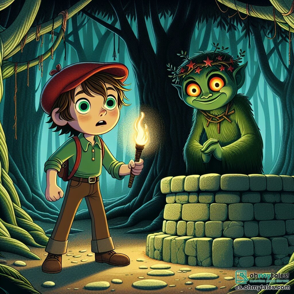 Un niño de 8 años llamado Lucas, con cabello castaño desordenado y ojos brillantes de curiosidad, se encuentra al borde de un viejo pozo de piedra en un claro de la selva. Lleva una pequeña gorra roja y una linterna que ilumina su rostro, revelando una expresión de determinación y aprensión. Cerca de él, el Guardián del Bosque, una criatura misteriosa con ojos brillantes como estrellas y piel verde cubierta de musgo, está sentado en el borde del pozo, sonriendo de manera amistosa y enigmática. El lugar es un bosque denso, con árboles gigantescos cuyas ramas se entrelazan formando un techo de follaje, dejando pasar algunos rayos de luna que iluminan el claro de forma mágica. Lucas, listo para enfrentar el desafío del Guardián, se sostiene firmemente en el borde del pozo, mientras el viento hace danzar las hojas a su alrededor, creando una atmósfera a la vez aterradora y fascinante.