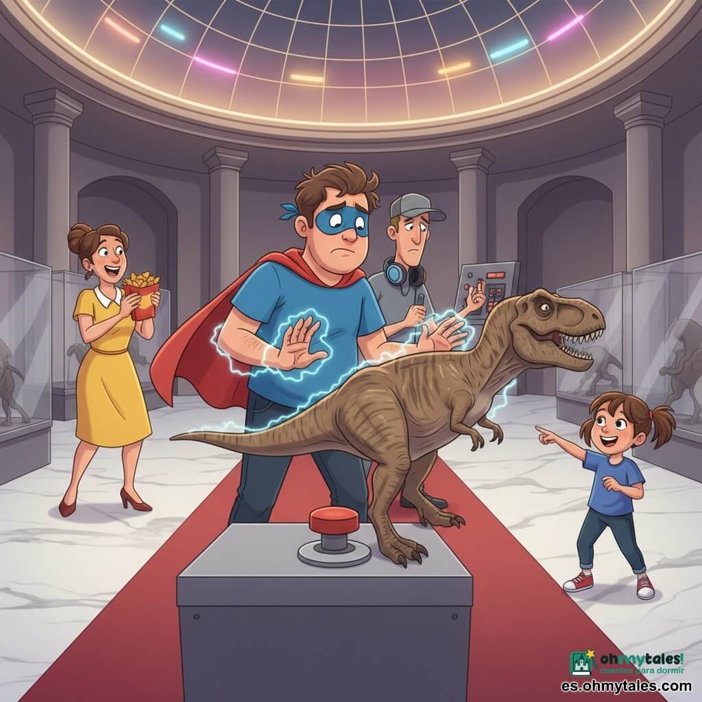 Un hombre, Leo Relámpago, concentrado y algo avergonzado, con máscara textil azul ladeada y capa roja corta, sostiene con las manos rodeadas por un halo eléctrico translúcido la cola de un gran T‑rex de cera que flota a centímetros del suelo; una mujer, Marta, aliviada y entusiasta en vestido amarillo y chignon suelto, aplaude desde la izquierda junto a la entrada sosteniendo una barqueta de nachos; un hombre, Tino, estresado pero aliviado, delgado con gorra gris y auriculares alrededor del cuello, sostiene un mando junto a un panel técnico detrás de Leo; una niña de unos 8 años, excitada con coletas, señala y ríe en primer plano a la derecha; el lugar es una gran sala de museo con suelo de mármol blanco, alfombra roja, vitrinas y cúpulas de cristal que reflejan luces neón rosas y doradas, y un gran panel de control con un botón rojo bajo una cápsula transparente; momento cómico y heroico mientras Leo estabiliza el T‑rex con un campo eléctrico azul pálido y se dispone a pulsar el botón para detener la música, ambiente festivo, colores saturados y gestos dinámicos.