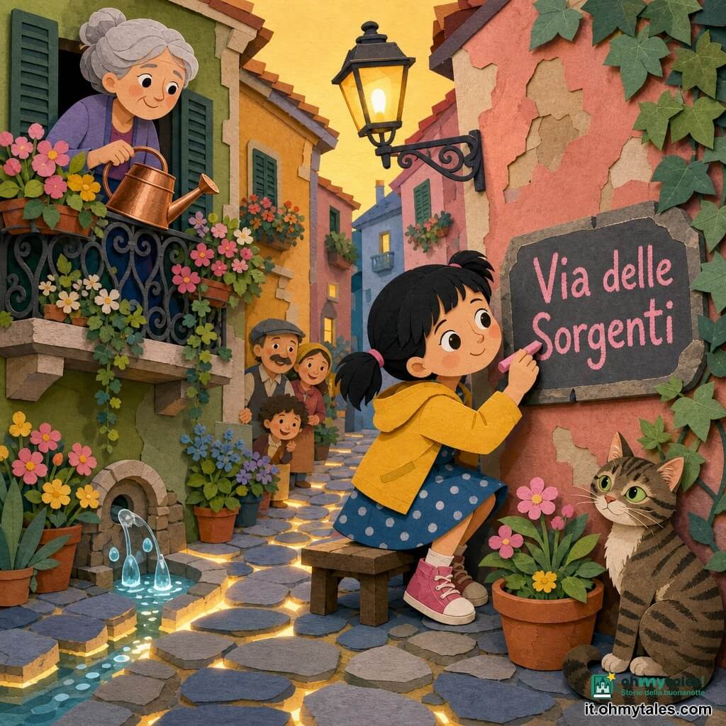 Una bambina di 6 anni, meravigliata e determinata, capelli neri in codini, occhi grandi, giacca giallo senape e vestito a pois blu, è accovacciata su una panchina mentre scrive con un grosso gessetto rosa "Via delle Sorgenti" su una vecchia targa; una donna di circa 70 anni con capelli grigi raccolti in uno chignon, sorriso dolce, tiene un annaffiatoio di rame e la guarda da un balcone fiorito a sinistra appoggiata a una ringhiera in ferro battuto; un gatto tigrato dagli occhi verdi è seduto vicino alle scarpe della bambina con la coda avvolta a un vaso; la ruelle è stretta con sampietrini grigio-blu, facciate pastello scrostate, un lampione di ferro leggermente inclinato e balconi pieni di piante e edera; alcune pietre sembrano brillare, gocce d'acqua escono da un vecchio canaletto e una luce dorata sale dal suolo come se la strada respirasse; la scena centrale: la bambina ristabilisce il vero nome della via e la strada riprende vita—fiori che si aprono, lampione che si accende, vicini che sorridono.