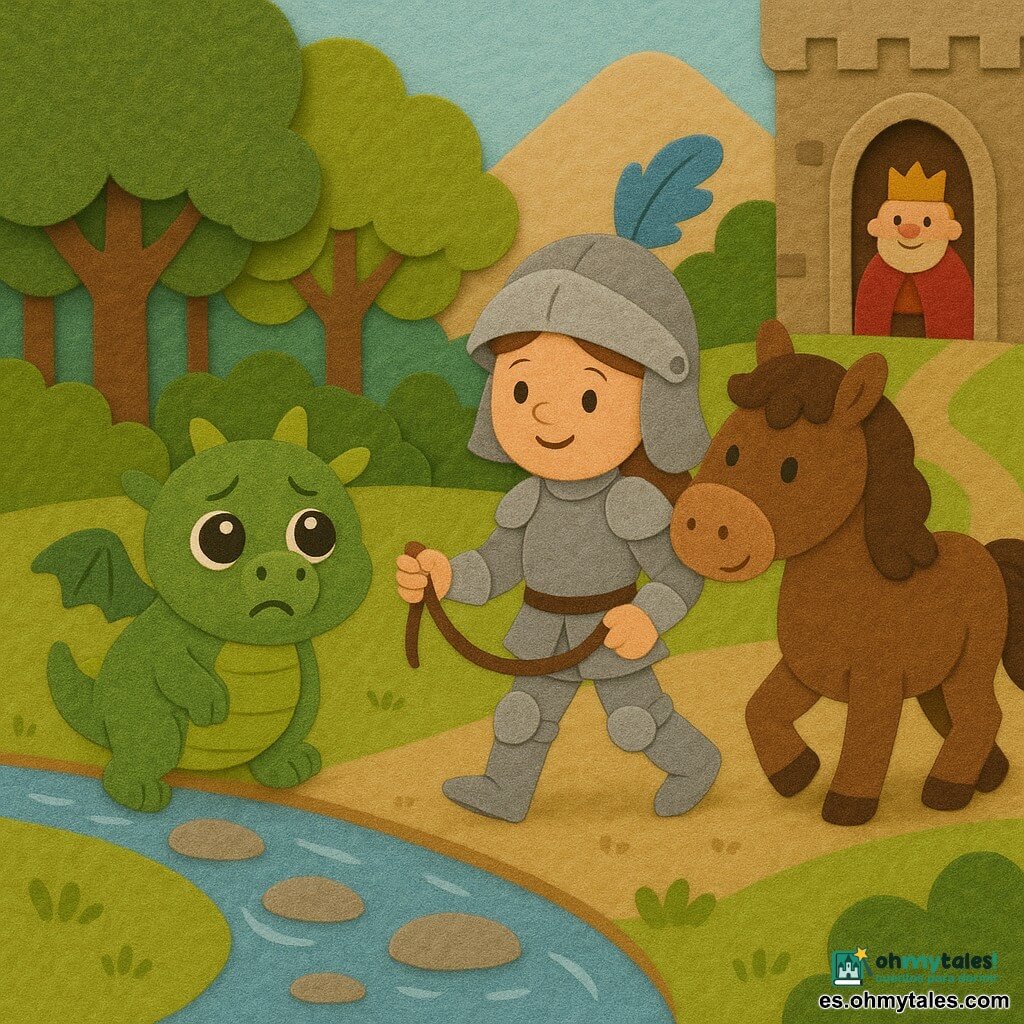 Doncella caballera valiente y sonriente con armadura de fieltro plateado y casco con pluma azul, guiando de la brida a un caballo marrón; un dragón verde redondeado y tierno con ojos grandes, primero triste luego aliviado, lo sigue a la izquierda; el caballo marrón de crin rizada trota junto a la caballera y mira al dragón; al fondo, un rey pequeño y regordete con túnica roja y corona de fieltro en la puerta de un pequeño castillo observa agradecido; escena en la linde de un bosque de árboles de fieltro verdes, un arroyo azul claro con guijarros planos y una montaña beige, la caballera guía al dragón para cruzar el arroyo con gestos protectores, ambiente cálido y colores vivos.