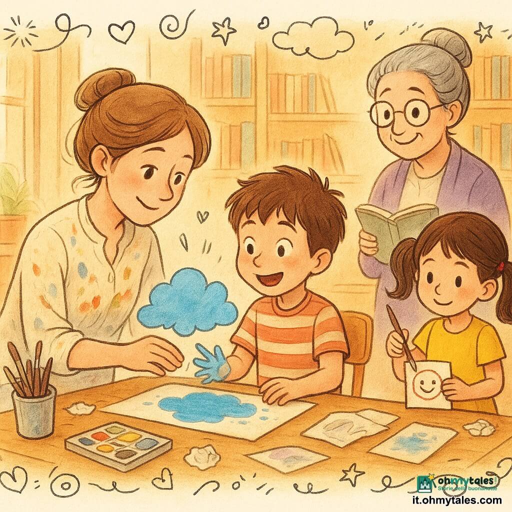Marta, artista sorridente ma timida, capelli castano chiaro raccolti in uno chignon morbido e camice macchiata di vernice, è inginocchiata accanto a un tavolo di legno ad aiutare Tommaso, circa 7 anni, capelli castani arruffati e maglietta a righe, che con le mani ancora umide osserva sorpreso una grande macchia d'acqua trasformarsi in una nuvola dipinta; la signora Alba, bibliotecaria di circa 50 anni con capelli grigi raccolti e occhiali tondi, tiene un libro aperto vicino a un piccolo cavalletto e guarda la scena con orgoglio dal fondo, mentre una bambina di circa 6 anni con due codini e vestito giallo dipinge una faccina sorridente su un piccolo foglio; la stanza è una luminosa biblioteca-laboratorio con grandi finestre, scaffali in legno pieni di libri, un grande tavolo coperto di carte, vaschette d'acquerello e pennelli, parquet chiaro; atmosfera calda e intima di un pomeriggio di laboratorio in cui un incidente d'acqua diventa spunto creativo, risate, colori e piccoli scarabocchi tutt'intorno.