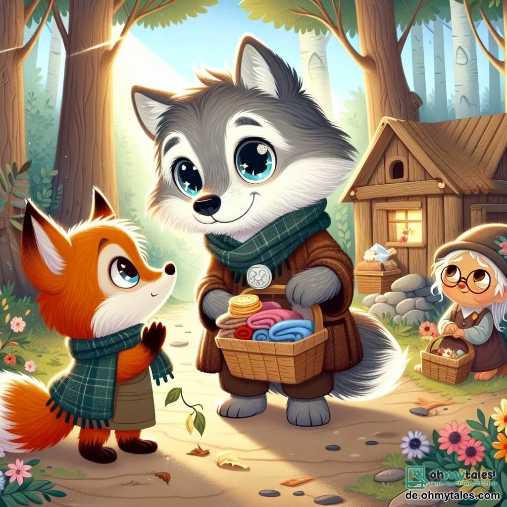 Ein kleiner Wolf mit strahlenden Augen und weichem grauem Fell, der Entschlossenheit und Freundlichkeit ausstrahlt, steht im Zentrum des Bildes und hält einen Korb voller Nahrung und Decken. Rechts von ihm beobachtet eine kleine Fähe mit leuchtend rotem Fell, neugierig und mit einem warmen Lächeln, den Wolf bewundernd, bereit zu helfen. Links steht eine alte Maus mit braunem Fell, dankbaren Augen und einem gerührten Ausdruck vor einem kleinen Holzhaus, umgeben von verwelkten Blumen und gefallenen Blättern, was die Armut symbolisiert. Der Ort ist eine friedliche Ecke des Waldes, mit majestätischen Bäumen, einem sanften Sonnenstrahl, der durch die Äste filtert, und einem kleinen Bach in der Nähe. Die Hauptsituation zeigt den Wolf und die Fähe, die der Maus helfen, was Solidarität und Großzügigkeit in einem Moment der Not symbolisiert.
