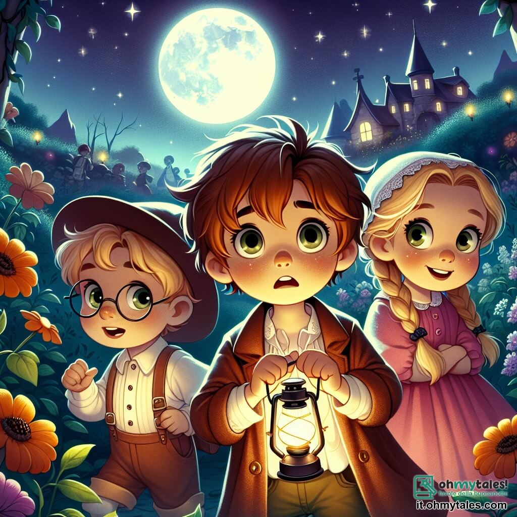 In un giardino notturno illuminato dalla dolce luce della luna, vediamo tre bambini. Marco, un ragazzo di sei anni con i capelli castani in disordine e occhi pieni di curiosità, tiene una piccola torcia che illumina il suo viso preoccupato. Accanto a lui, Sara, una ragazza con capelli biondi intrecciati e un vestito rosa, sorride incoraggiante, pronta a esplorare. Infine, Luca, un ragazzo dai capelli castani e occhiali rotondi, si tiene un po' indietro, con le braccia incrociate, ma con un'espressione determinata. Il giardino è pieno di fiori colorati, le cui ombre danzano al vento. Le stelle brillano nel cielo scuro e una grande luna rotonda illumina il paesaggio, creando un'atmosfera magica e misteriosa. La scena mostra Marco, Sara e Luca insieme, pronti a avventurarsi nel giardino, scoprendo le meraviglie del buio. Marco, con un misto di apprensione ed eccitazione, si avvicina a un'ombra che assomiglia a un grillo, mentre Sara lo incoraggia a non avere paura.