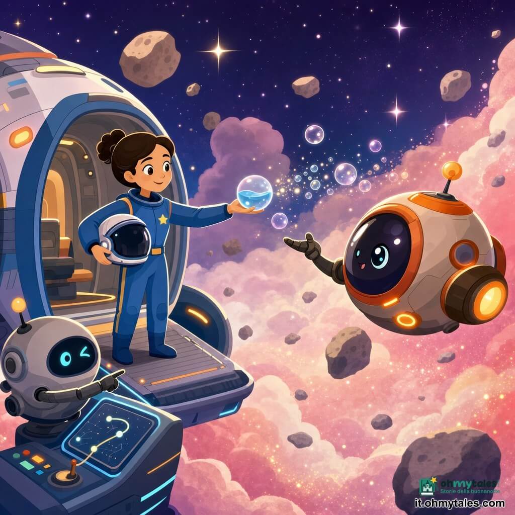 Mira, donna adulta sorridente con casco sotto il braccio e tuta spaziale blu con una piccola stella gialla, porge una piccola sfera d'acqua trasparente dal suo vascello verso Zeta; accanto a lei il robot tondo Plico, corpo metallico opaco con un occhiolino luminoso, indica la traiettoria dal pannello di comando, mentre Zeta, navicella amica a forma di castagna con luci arancioni lampeggianti e un oblò brillante, galleggia di fronte; lo sfondo è la Nebulosa di Zucchero, una nube di polvere rosa pallido e bianca con particelle dorate e piccoli ciottoli spaziali, e la scena mostra lo scambio gentile attraverso un campo di bolle luminose con stelle scintillanti dietro.