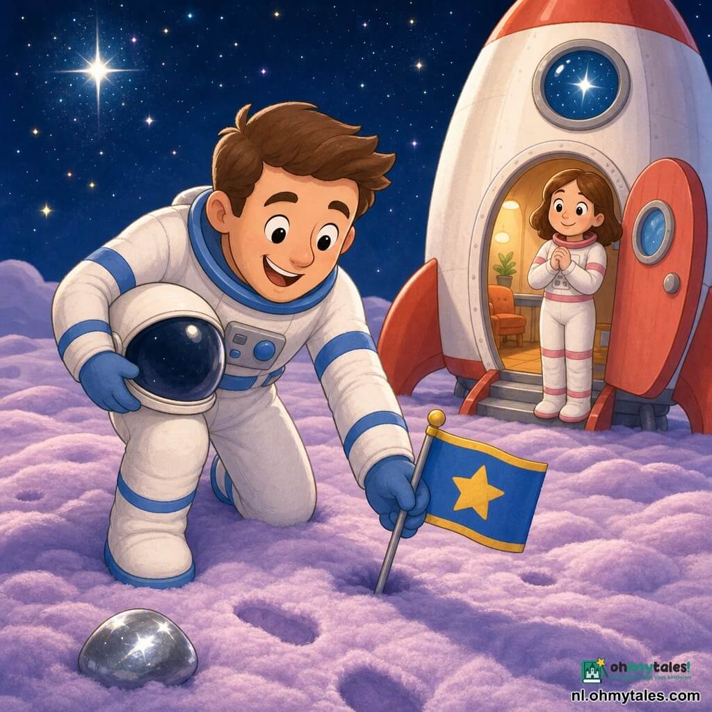 Een volwassen man met lichte huid en kort bruin haar, glimlachend en bewonderd, draagt een witte ruimtepak met blauwe strepen en houdt zijn helm onder de arm terwijl hij een blauw‑gele vlag in de zachte, paars‑pastel, donzige grond plant; een rustige, blije moeder staat bij de open ronde deur van een afgeronde wit‑rode raket met warm interieur, handen gevouwen, kijkend naar hem; een klein zilverachtig glinsterend steentje bij zijn voet weerspiegelt sterrenlicht; de donkere hemel met fonkelende sterren en een grote heldere ster is zichtbaar door het raketvenster; scène helder met verzadigde pasteltinten, afgeronde lijnen, zachte schaduwen en viltachtige texturen, compositie gecentreerd op de man met een iets van bovenaf perspectief.