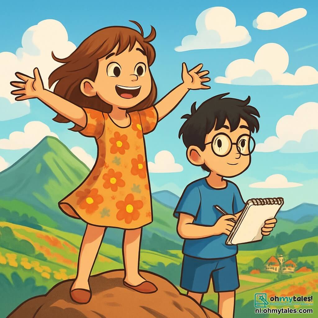 Een 12-jarig meisje, genaamd Sofie, staat op de top van een berg, met kastanjebruin haar dat in de wind waait, ogen vol verwondering en een stralende glimlach van vastberadenheid. Ze draagt een lichte jurk met bloemenpatroon en haar handen zijn omhoog geheven, alsof ze de wereld verwelkomt die zich voor haar uitstrekt. Naast haar staat een 13-jarige jongen met rommelig zwart haar en ronde brillen, die nieuwsgierig naar het landschap kijkt. Hij draagt een blauwe t-shirt en een korte broek, en houdt een schetsboek vast, klaar om te tekenen wat hij ziet. De plek is een majestueuze berg met groene hellingen en donzige wolken in een stralende blauwe lucht. In de verte is een pittoresk dorpje te zien, omringd door kleurrijke bloemenvelden die dansen in de lichte bries. De hoofdscène toont Sofie en de jongen die naar de horizon kijken, zich realiserend dat ze de top van hun zoektocht hebben bereikt, omringd door de schoonheid van de natuur, klaar om de mysteries van de wereld en hun eigen identiteit te ontdekken.
