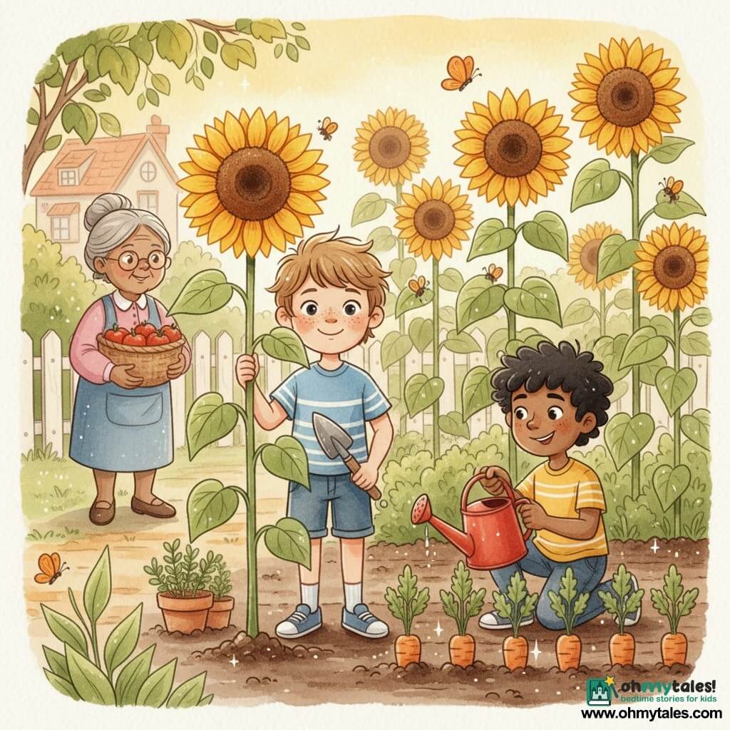 A radiant 10-year-old boy with a round freckled face and messy light brown hair holds a small wooden trowel and touches a sunflower stem in the foreground; his friend, also about 10, with curly black hair and a mischievous smile, kneels to the right watering a row of carrots with a red watering can; a smiling elderly neighbor woman with gray hair in a bun and round glasses stands at the garden entrance in the background left holding a basket of tomatoes; the small sunny backyard garden has freshly turned dark soil, rows of vegetables and herb pots, a tall row of bright yellow sunflowers, orange butterflies and bees, a white picket fence and a cozy house beyond; the boys celebrate their garden at dusk with golden light filtering through large leaves, water droplets sparkling and tactile details of soil, wood and petals.