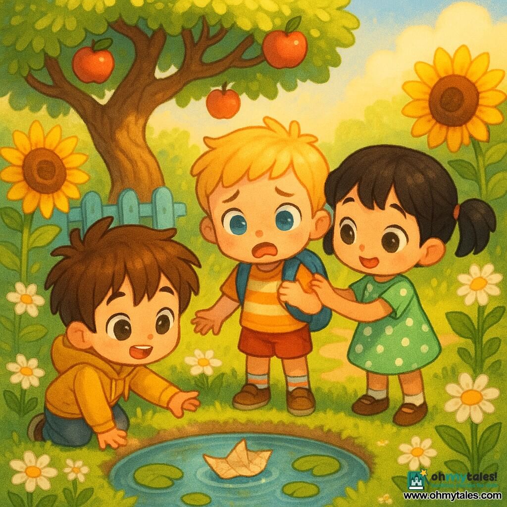 Three children, about five years old: Milo, left and slightly forward, tousled brown hair, hazel eyes, yellow hooded jacket, holding a crumpled small map in his right hand and reaching toward the pond; Jonah, center and leaning toward the water, short blond hair, freckles, blue backpack and striped socks, panicked as the map floats on the water; Mila, right on the grassy bank, black hair in pigtails, green polka-dot dress, holding Jonah’s hand and reassuring him with a hand on his shoulder. They stand in a small grassy clearing under a twisted old apple tree, bordered by giant sunflowers and daisies, with a round pond with water lilies at the center and a path of shiny stones from a blue wooden fence; late-afternoon soft light, warm saturated colors. The children discover the wet map floating like a little boat; Milo reaches to grab it while Jonah is surprised and Mila gently encourages, evoking a gentle adventure, small decisive gestures, solidarity and wonder.