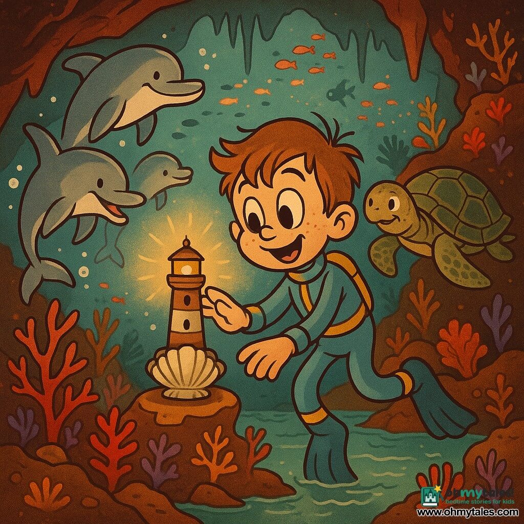 An 8-year-old boy with a round, freckled face, tousled light brown hair and wide, amazed eyes wears a light blue wetsuit with yellow stripes and gently touches a glowing underwater beacon on a coral rock; a gentle old sea turtle with a textured olive-brown shell swims slowly nearby, three playful silver-gray dolphins arc and spin to the left creating sparkling bubbles, all inside a vast underwater cave lined with colorful corals, translucent stalactites and schools of fish, bathed in warm golden light from the beacon; the scene is calm, magical and adventurous in a retro cartoon style with soft outlines and saturated colors.