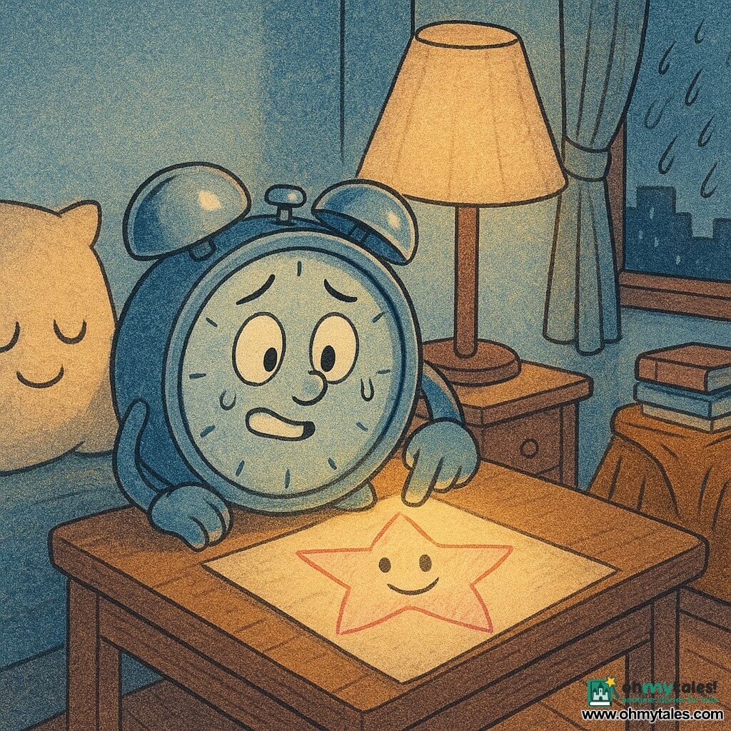 Twinkle, a small round blue enamel alarm clock with big shiny buttons and a smiling face, looks nervous but relieved as its slightly trembling white-painted hands press a button to turn on a round moon nightlight that casts a warm, softening glow; on the pine bedside table a pink-pencil star drawing shows a joyful star illuminated by a golden light; a cream fabric pillow character with sleepy embroidered eyes and a slight smile stands protectively to Twinkle’s left; a tall bedside lamp with a beige fabric shade watches reassuringly and casts a soft shadow behind Twinkle; a mustard crumpled throw on a chair forms a “mountain” and stacked books create a small “city” of silhouettes against pale blue walls; the cozy light-wood room has a rainy window with a moving curtain, parquet floor, and small orange-amber light spots making long shadows; the scene captures the moment fear of the dark turns into comfort, with simple composition, soft contrasts, paper-like textures, and a warm palette of blues, yellows, and pinks.
