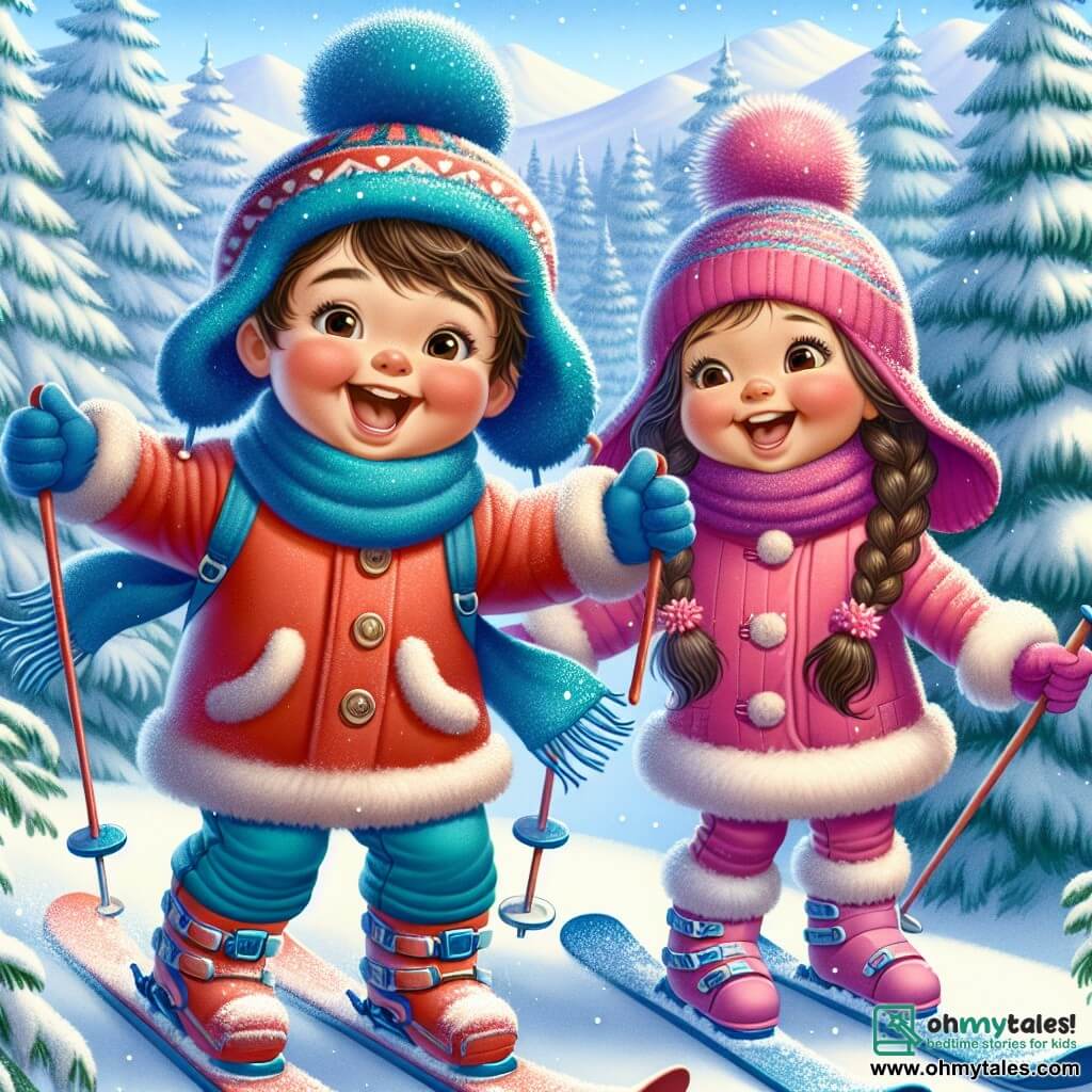 A 9-year-old boy named Oliver stands at the top of a small snowy hill, his face beaming with joy and excitement. He wears a thick red coat, a bright blue beanie, and matching gloves, with rosy cheeks from the cold. Oliver is skiing down, arms spread wide for balance, a big smile on his face. Next to him is his best friend Mia, also 9, with braided brown hair, wearing a pink coat and a pom-pom hat. She laughs at him, ready to join him on the slope, holding a pair of colorful skis. The enchanting winter landscape features majestic snow-covered fir trees, a clear blue sky with white clouds, and snowflakes gently falling around them. In the distance, families are having fun on other slopes, adding to the festive atmosphere. The main scene shows Oliver and Mia getting ready to ski down the hill, filled with enthusiasm and camaraderie, eager for a new winter adventure together.