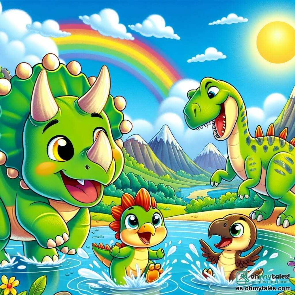 Un triceratops alegre llamado Tico, con una piel verde brillante, tres cuernos coloridos y ojos amarillos llenos de curiosidad, está al borde de un lago mágico, riendo y jugando en el agua. A su lado, un estegosaurio llamado Estela, con espinas brillantes y piel marrón, se divierte salpicando agua, mientras un pequeño velocirraptor llamado Rápido, con plumas vivas y ojos traviesos, corre a su alrededor, riendo de alegría. Al fondo, la Montaña Arcoíris se alza majestuosamente, con sus laderas verdes salpicadas de flores coloridas, mientras el cielo es de un azul brillante, con nubes blancas y esponjosas. La escena captura el momento alegre en que Tico y sus amigos se divierten juntos, salpicando agua y compartiendo risas bajo el radiante sol.