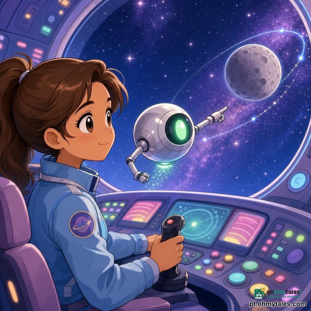 Ana, piloto, sorriso concentrado e olhos suaves, veste jaqueta azul-claro, cabelo castanho preso, mãos num joystick diante de uma janela circular do cockpit; um pequeno robô prateado flutuante em forma de esfera com dois braços e um olho verde aponta números à sua direita enquanto uma pequena lua cinzenta com crateras desliza para órbita perfeita; painel com botões coloridos e luzes, luz calma em tons pastéis e poeira estelar cintilante; Ana ajusta a trajetória da lua com gestos precisos, atmosfera serena; estilo mangá infantil: traços arredondados, olhos grandes, cores suaves e contornos nítidos.