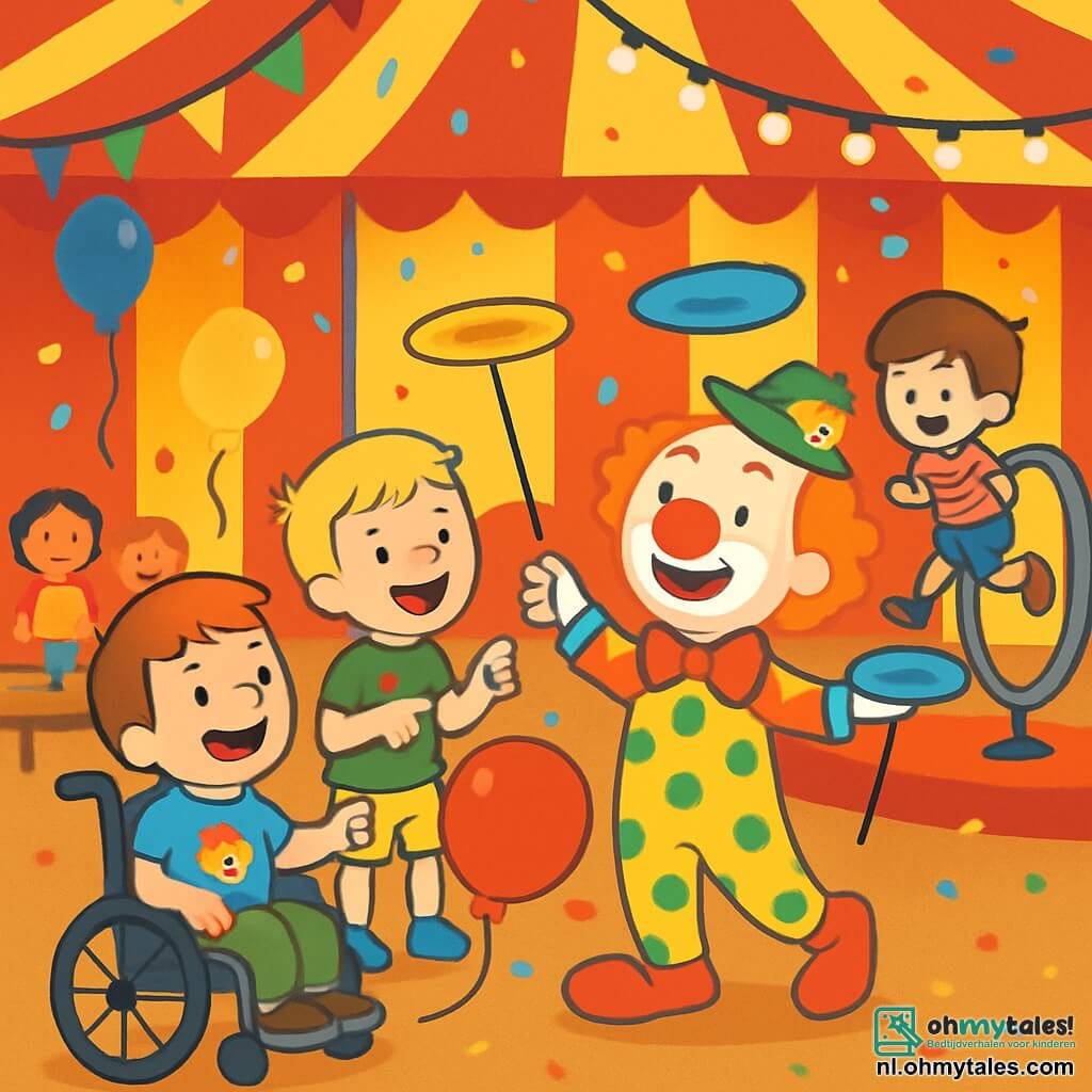 Er zijn 3 personages: Max: een 8-jarig jongen, zittend in een rolstoel. Hij heeft bruin haar en draagt een blauwe t-shirt met een clowntekening. Hij glimlacht vrolijk terwijl hij naar de show kijkt. Sam: een 7-jarig jongen, staande naast Max. Hij heeft blond haar en houdt een grote rode ballon vast. Hij draagt een gele short en een groene t-shirt. Hij lacht terwijl hij naar de clown wijst. Luuk: een 6-jarig jongen, iets verder weg, die zich voorbereidt om door een grote hoepel te springen. Hij heeft kastanjebruin haar en draagt een gestreepte rode en witte t-shirt. Hij ziet er geconcentreerd en enthousiast uit. De situatie speelt zich af in een grote kleurrijke circustent met rode en witte strepen. Binnen verlichten fonkelende lichten het podium, en toeschouwers zitten op houten banken en kijken verwonderd. Ballonnen en confetti zweven in de lucht, wat een feestelijke sfeer creëert. De hoofdscène toont de clown, met een grote rode neus en enorme schoenen, die jongleert met kleurrijke borden. Max, Sam en Luuk lachen en hebben plezier, elk betrokken bij de magie van het circus, omringd door gelach en vreugde.