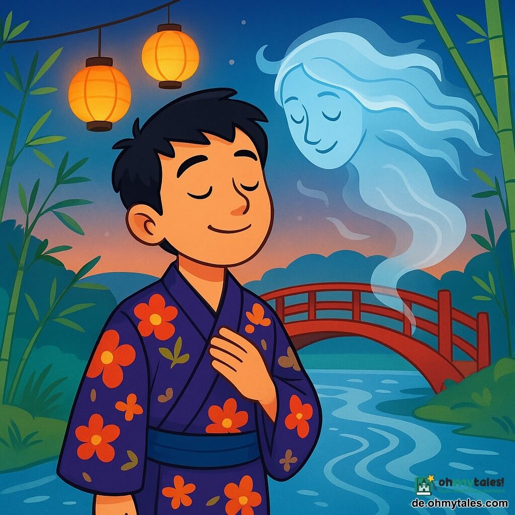 Taro, ein mittelalter Mann mit schwarzen Haaren und neugierigen Augen, steht am Ufer eines wunderschönen silbernen Flusses, sein Gesicht von einem sanften und entschlossenen Lächeln erleuchtet. Er trägt einen traditionellen Kimono mit Blumenmustern, der leicht im Wind weht. In der Nähe beobachtet ein Kami unter der ersten Brücke, ein alter Geist mit ätherischem Aussehen und schwebenden Haaren, Taro wohlwollend, sein Gesicht strahlt Weisheit aus. Der Ort ist bezaubernd: Grüne Bambusse erheben sich um die Brücken, ihre Blätter tanzen im Wind, während bunte Laternen den Weg erleuchten und eine magische Atmosphäre bei Dämmerung schaffen. Die Hauptsituation zeigt Taro, die Augen geschlossen, aufmerksam dem melodischen Gesang der ersten Brücke lauschend, während er versucht, das Geheimnis der drei Brücken zu verstehen, während der Wind die Murmeln der Geister um ihn herum trägt.