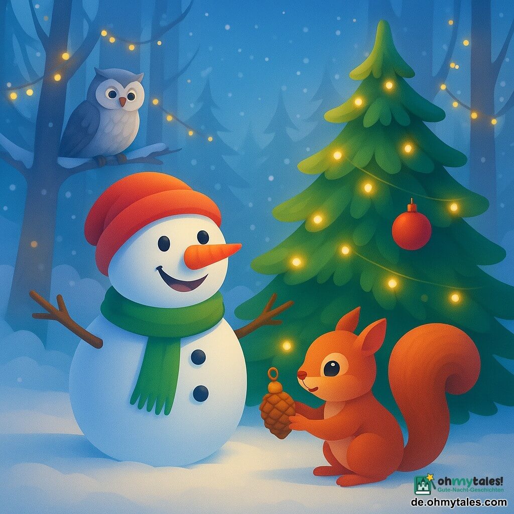Ein kleiner Schneemann namens Fridolin, mit einer leicht schiefen Karotte als Nase und einem breiten Lächeln, steht fröhlich vor einem majestätischen Weihnachtsbaum. Neben ihm hält ein kleines Eichhörnchen namens Emil, mit rotem Fell und funkelnden Augen, eine kleine Zapfendekoration. Im Hintergrund sitzt eine weise alte Eule namens Theodor, mit grauen Federn und einem wohlwollenden Blick, auf einem Ast und beobachtet die Szene. Die Umgebung ist ein wunderschöner verschneiter Wald, in dem jeder Baum mit funkelnden Lichterketten geschmückt ist, und der Boden ist mit einer dicken Schicht makellosen weißen Schnees bedeckt. Fridolin und Emil schmücken den Weihnachtsbaum mit natürlichen Ornamenten, während das Licht der Girlanden eine warme und magische Atmosphäre um sie herum schafft.
