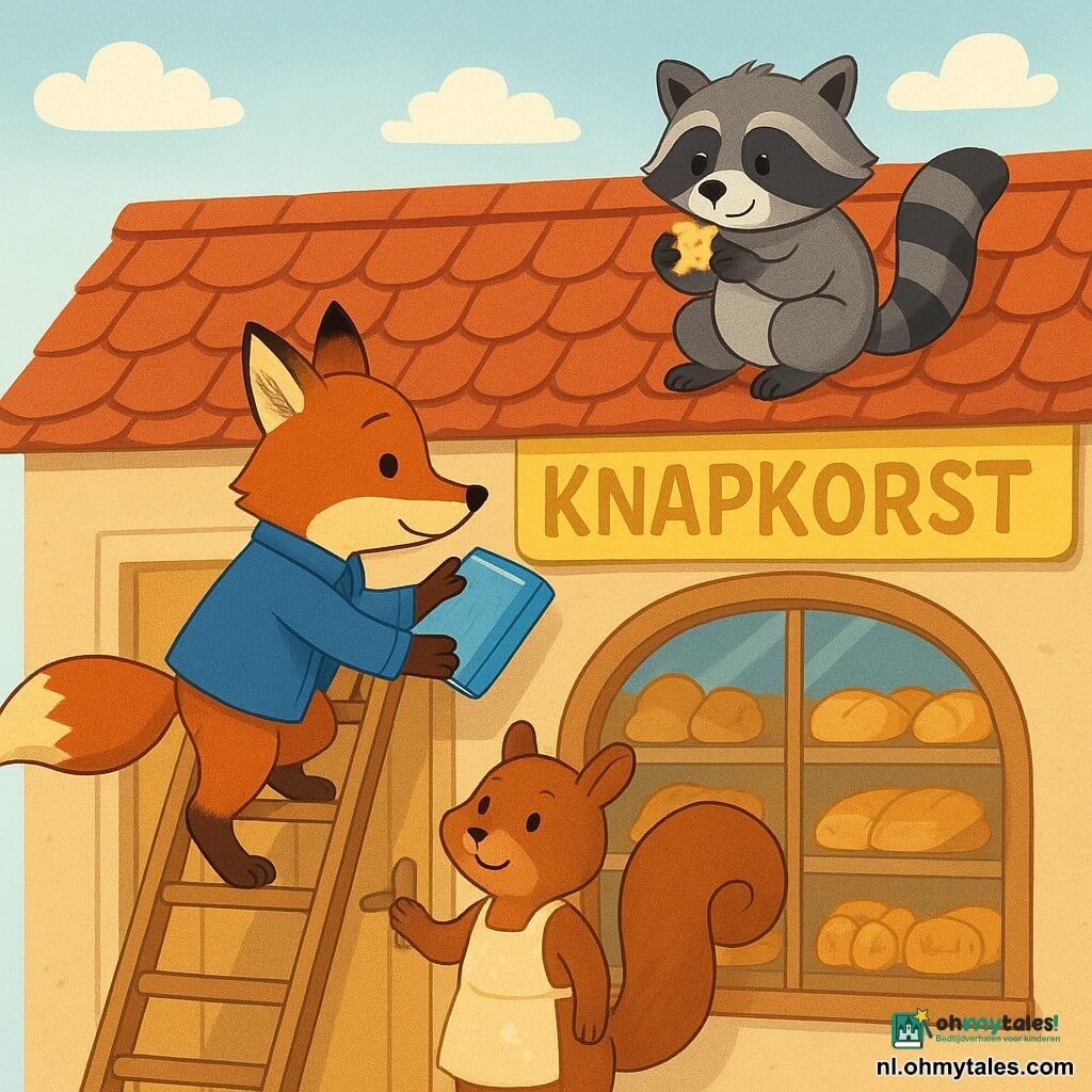 Rik, een jonge antropomorfe vos met levendige ogen en roestkleurige vacht, heeft een geconcentreerde, zachte blik; hij draagt een blauw jasje en klimt op een houten ladder om met een poot een hemelsblauw boek met kleine trellisillustratie en een lichte scheur in de rug onder een tegel te pakken. Suus, een glimlachende eekhoorn met roodbruin bebloemd schort, houdt de laddervoet stevig vast voor de glazen deur van de bakkerij en kijkt vriendelijk en oplettend. Miro, een kleine grijze wasbeer met delicate handen en enigszins schuldbewuste ogen, zit op het dak met een kruimel van een sterkoekje op zijn poot en kijkt verlegen hoopvol naar beneden. De bakkerij heeft een lichte houten gevel, een grote ronde ruit, zichtbare schappen met goudbruine broden en een gele bord “KnapKorst” boven de deur; lichtblauwe lucht met pluizige witte wolken en zachte zonnestralen op rode dakpannen; warme contrastrijke kleuren, duidelijke contouren, eenvoudige texturen en zachte schaduwen voor een helder, warm beeld.