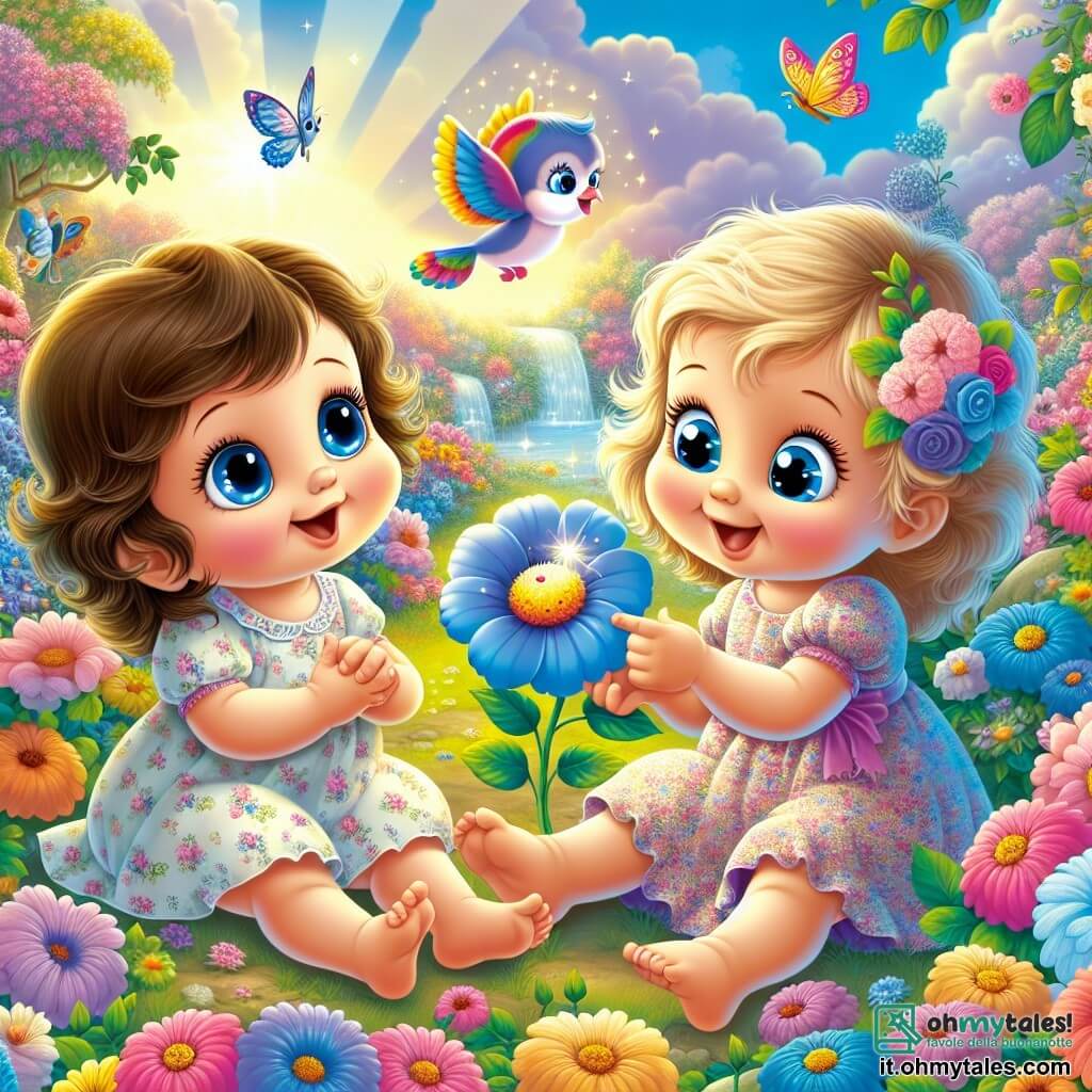 Una bambina di un anno, di nome Lilla, con grandi occhi brillanti e un sorriso radioso, è seduta in un giardino colorato, circondata da fiori vivaci. Indossa un vestito leggero a fiori e sembra incantata, tendendo la mano verso un piccolo fiore blu che brilla sotto il sole. Accanto a lei, un uccellino dai colori vivaci, curioso, si posa su un ramo, osservando Lilla con occhi scintillanti. Il giardino è un vero tripudio di colori, con fiori di tutte le tonalità, farfalle che danzano nell'aria e un cielo blu costellato di nuvole bianche. In lontananza, un ruscello scintilla, aggiungendo un tocco di magia a questo luogo incantevole. La scena principale mostra Lilla, meravigliata, mentre parla al fiore blu, che le rivela segreti sulla bontà e la magia dell'amore, creando un'atmosfera da sogno e scoperta.