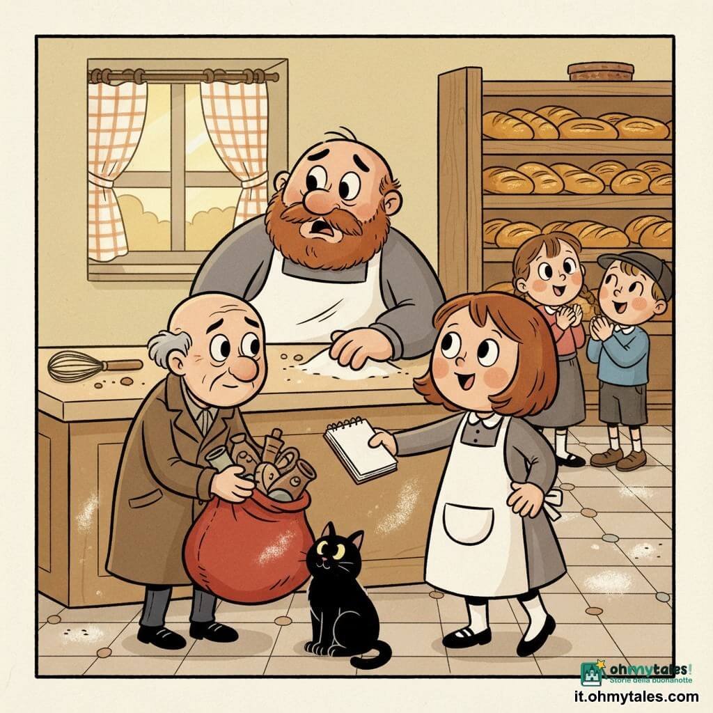 Luce, bambina detective di circa 10 anni, viso rotondo, occhi grandi e curiosi, capelli castani corti, sorridente, tiene un piccolo taccuino aperto e porge un grembiule bianco; il signor Bianchi, panettiere di circa 50 anni, con barba e volto arrossato, con il grembiule infarinato dietro un bancone di legno, appare commosso e sollevato; un uomo anziano di circa 60 anni, snello, con cappotto marrone e grande bisaccia rossa aperta, restituisce oggetti guardando timidamente Luce; Nuvola, gatta nera piccola e rotonda, è seduta vicino ai piedi dell'uomo facendo le fusa; sullo sfondo due bambini, Marta (circa 8 anni, trecce) e Giulio (circa 7 anni, con berretto), applaudono vicino a un'esposizione di pane; forneria calda e accogliente con bancone in legno chiaro, scaffali pieni di pagnotte dorate, piastrelle a terra, tendina a quadretti alla finestra e tracce di farina sul piano di lavoro; scena principale: restituzione degli oggetti rubati in un mattino dolce, atmosfera di perdono e solidarietà, luce dorata che filtra dalla vetrata, briciole e un piccolo frustino di legno sul bancone.