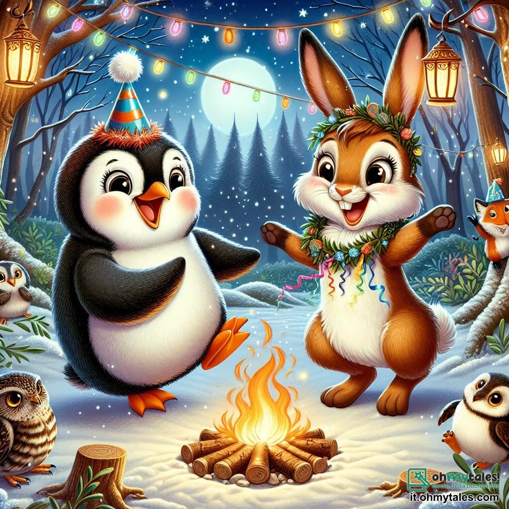 Un giovane pinguino dalle piume morbide e lucenti, con un piccolo cappello da festa in testa, esprime grande gioia ballando attorno a un falò, con gli occhi scintillanti di felicità. Accanto a lui, una lepre energica con grandi orecchie e pelliccia marrone chiaro sorride ampiamente agitando ghirlande colorate, piena di entusiasmo per la festa. Un gruppo di animali della foresta, come una volpe astuta e un gufo saggio, li osserva con espressioni di piacere ed eccitazione. La scena si svolge in una radura incantata, illuminata da lanterne scintillanti appese ai rami degli alberi, mentre la neve copre il terreno, creando un paesaggio da favola sotto un cielo stellato. Gli animali celebrano insieme il Capodanno, cantando e ballando attorno al fuoco, condividendo risate e storie, creando un'atmosfera calda e magica.