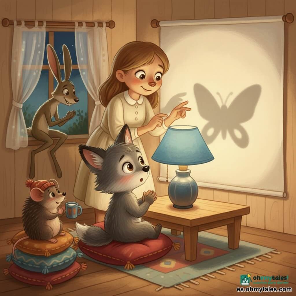 El personaje principal es un pequeño lobo infantil de pelaje gris y orejas grandes, ojos brillantes y expresión tímida y maravillada; sentado en un cojín rojo, une las manos frente a una lámpara cálida para hacer la mariposa en sombra china. La madre, una loba de aspecto dulce de pelaje crema y sonrisa tranquilizadora, está junto a la lámpara lista para ayudar, con mirada tierna. Un pequeño ratón polvoriento con ojos curiosos está sobre una pila de cojines a la izquierda y aplaude suavemente. Una eriza redondeada con gorro de lana, púa redondeada y expresión tímida sostiene una taza de leche y mira la pared‑pantalla con fascinación. Una liebre alta y delgada, de patas largas y sonrisa traviesa, está agachada junto a la ventana abierta, parcialmente iluminada por la luz exterior. El salón es una casita de madera con paredes crema, mesa baja clara, lámpara con pantalla azul que proyecta un gran círculo de luz suave en la pared; cortina ligera en la ventana, cojines coloridos y una alfombra geométrica. En la escena se ve claramente la sombra de una mariposa proyectada en la pared; la luz cálida contrasta con la penumbra acogedora, transformando el miedo a la oscuridad en un juego colectivo. Estilo gouache, trazos suaves, texturas de pincel visibles, colores cálidos, luces y sombras suaves, atmósfera reconfortante.