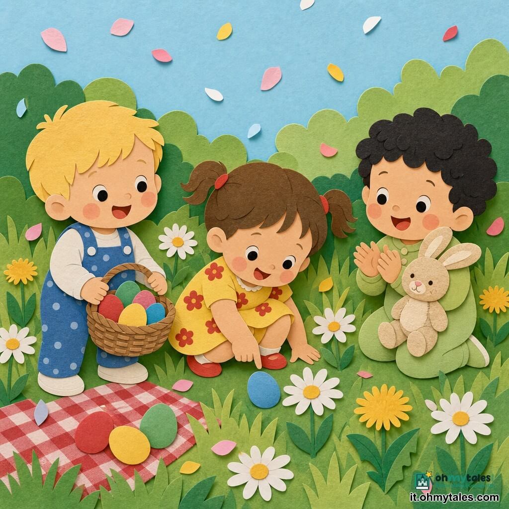 Tre bambini di 1 anno: a sinistra un bimbo biondo con capelli corti e salopette blu a pois bianchi che tiene un piccolo cesto di uova colorate; al centro una bimba bruna con codini e vestitino giallo a fiori, accovacciata a mostrare un uovo blu vicino a una margherita; a destra un bimbo dai capelli neri e ricci con body verde chiaro che tiene un coniglietto di peluche beige e applaude. Ambientazione: giardino primaverile con erba verde stile carta ritagliata, grandi margherite e soffioni, un tovagliolo a quadri rossi sull'erba, siepe verde e cielo azzurro pallido. Situazione: caccia alle uova di Pasqua, i bambini sorridono e si scambiano uova colorate (rosso, giallo, blu, verde), petali e coriandoli di carta fluttuano nell'aria, luce mattutina morbida, atmosfera gioiosa e tranquilla.