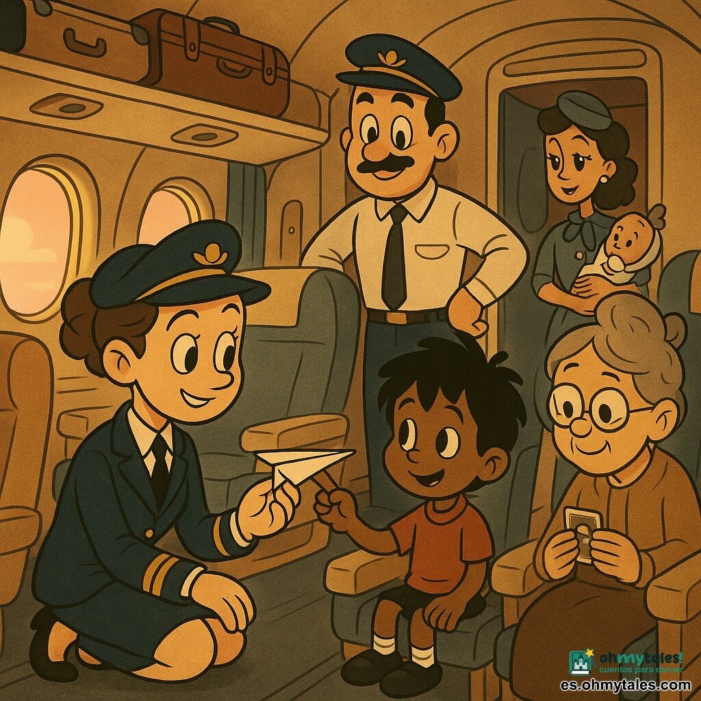 Una joven piloto de unos 28 años, cabello castaño recogido en moño y uniforme azul marino con galones dorados, se arrodilla en el pasillo para recibir con ternura un avioncito de papel que le entrega Tomás, un niño de 5–6 años de cabello negro y sonrisa tímida, sosteniéndolo entre pulgar e índice; al fondo, Mateo, el copiloto de unos treinta con bigote fino, apoya la mano en la puerta del cockpit y observa divertido, mientras Ana, azafata de unos 30 años con uniforme claro y cofia retro, camina por el pasillo con un biberón; una pasajera mayor con cabello gris en moño y gafas redondas sonríe desde el asiento vecino sosteniendo una foto; el interior muestra asientos crema, cortinas azules, ventanillas con cielo rosa pálido, iluminación cálida y compartimentos superiores con maletas; escena tierna tras el embarque, luz dorada entrando por las ventanillas y composición centrada en el intercambio del avioncito, estilo cartoon retro de líneas curvas y colores saturados.