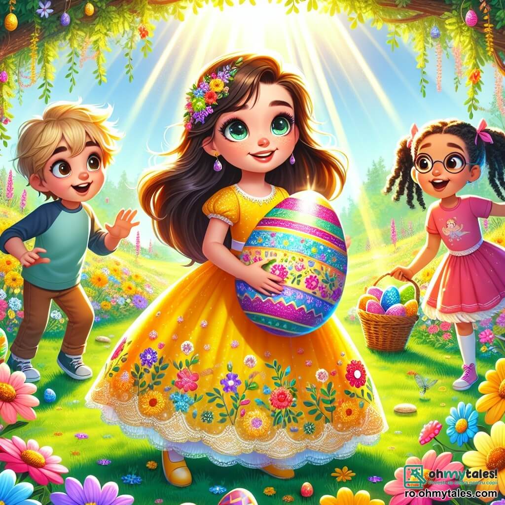 O fată de 10 ani, Irina, cu părul lung și brunet și ochi strălucitori de curiozitate, stă în mijlocul unei poienițe luminoase, înconjurată de flori colorate. Poartă o rochie galbenă strălucitoare, decorată cu motive florale, și zâmbește cu uimire ținând un ou de Paște uriaș, decorat cu culori vii. Lângă ea, prietenul ei Andrei, un băiat de 9 ani cu părul blond în dezordine și ochelari rotunzi, privește oul cu ochii mari, cu mâinile pe șold, plin de entuziasm. Mai departe, Maria, o altă prietenă de 10 ani cu împletituri negre și un tricou roz, se apropie alergând, cu un coș plin de ouă colorate în mână, pregătită să împărtășească descoperirea ei. Decorul este o poiană însorită, plină de flori strălucitoare de toate culorile, cu raze de soare care filtrează prin crengile copacilor, creând o atmosferă magică și veselă. Situația principală arată cum Irina și prietenii ei descoperă un ou de Paște uriaș, simbol al aventurii lor, în timp ce un iepuraș jucăuș îi observă din spatele unui arbuște, adăugând o notă de mister și magie acestui moment festiv.