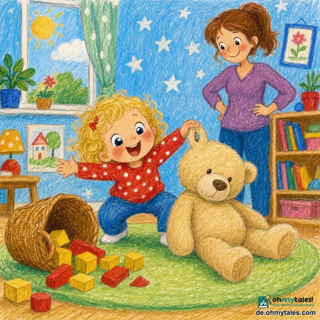 Ein fröhliches, dynamisches Bild: ein zweijähriges Mädchen mit rundem Gesicht, rosigen Wangen und blonden Locken hockt und zieht ein großes beiges Kuscheltier am Ohr (kleines Loch sichtbar), trägt roten Pullover mit weißen Punkten und blaue Hose; die etwa 30-jährige Mutter mit kastanienbraunem Pferdeschwanz steht dahinter mit liebevollem Blick und Händen in der Hüfte; ein umgefallener geflochtener Spielzeugkorb mit gelben und roten Holzbausteinen, heller Raum mit hellgrünem rundem Teppich, blassblauen Wänden mit weißen Sternen, Holzregal mit bunten Büchern und Fenster zum sonnigen Himmel; die Szene zeigt die kleine „Detektivin“ beim freudigen Wiederfinden ihres Teddys, lachend, triumphierend, in kräftigen Farben und dicken Buntstiftstrichen kindlich dargestellt.