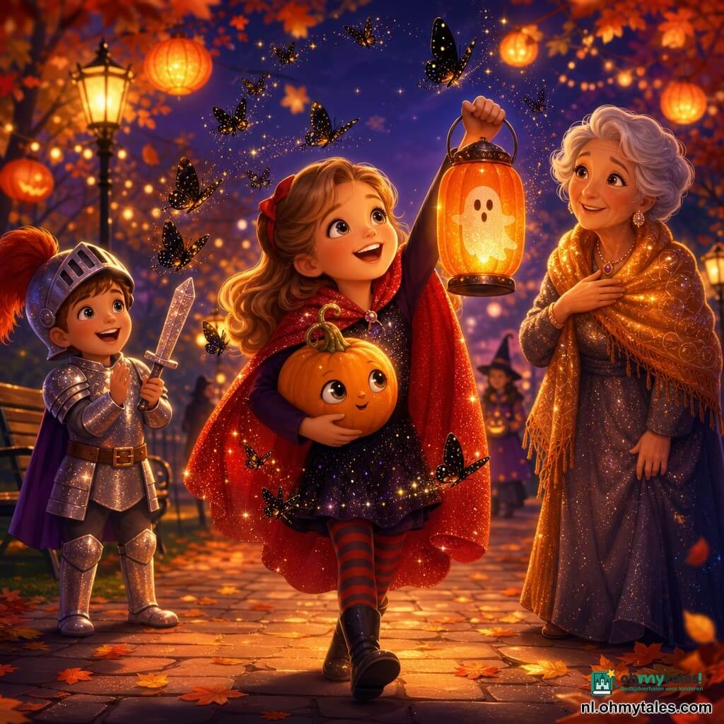 Noor, een stralend en blij 6-jarig meisje in een rood glinsterende cape, houdt hoog een oranje lantaarn met een tekening van een spookje en kijkt verwonderd, terwijl Pom, een klein oranje pompoentje met glanzende steentjes als ogen, in haar armen zit en lichtjes trilt van magie; Sam, een ongeveer 6-jarige jongen als zilveren riddertje, staat links, klapt en houdt een glinsterend plastic zwaard; rechts staat een elegante oude vrouw van ongeveer 70 met een grote glanzende sjaal en een paillettenjurk, emotioneel glimlachend met haar hand op de jurk; het nachtpark met herfstbladeren en kasseipad is verlicht door slingers lantaarns in de bomen die zacht oranje licht uitstralen; belangrijkste situatie: Halloweenparade bij schemering, Noor loopt onder een regen van kleine zwarte vlinders met gouden stippen die om haar en Pom dwarrelen, warme sfeer, verzadigde herfstkleuren, zachte contrasten en zichtbare glinster- en steentexturen voor een kinderlijke, magische uitstraling.