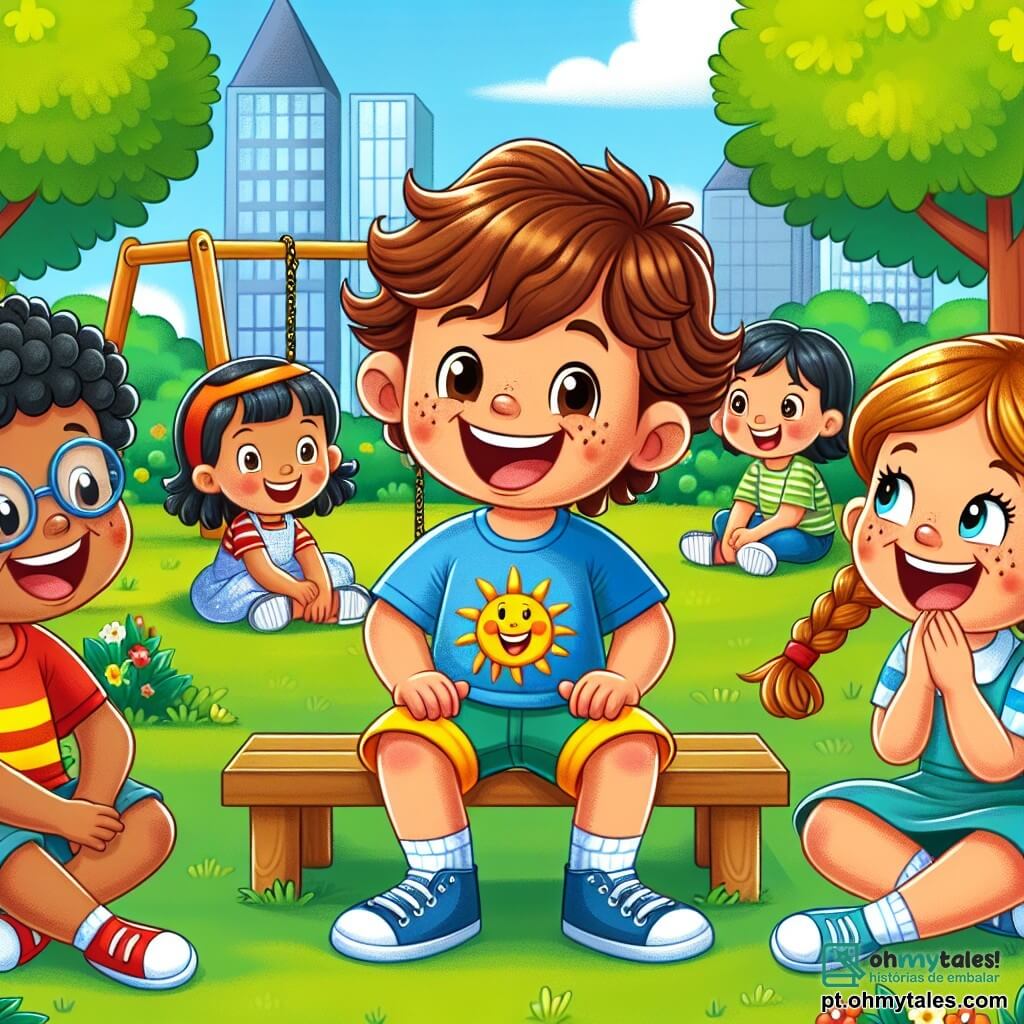 Um menino de 6 anos, Lucas, com cabelos castanhos e cacheados, sorrindo, está sentado em um balanço de madeira em um parque. Ele usa uma camiseta azul com um desenho de sol e um short amarelo, expressando alegria. Ao lado dele, sua melhor amiga Ana, uma menina de 6 anos com cabelos loiros trançados, está sentada na grama, rindo e contando uma história, com os olhos brilhando de excitação. Um pouco mais longe, Pedro, um menino de 6 anos com óculos e cabelos pretos, está de pé, de braços cruzados, ouvindo atentamente, enquanto Sofia, uma menina de 6 anos com cabelos ruivos e sardas, está deitada de costas, rindo muito. O parque é cheio de árvores verdes, flores coloridas e uma grama bem cuidada, com um céu azul e algumas nuvens brancas. Ao fundo, há um escorregador colorido e outras crianças brincando. A cena principal mostra Lucas e seus amigos compartilhando histórias engraçadas e risadas, ilustrando a importância da amizade e a alegria de passar tempo juntos, mesmo em dias nublados.