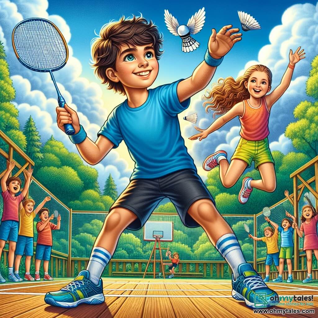 A 10-year-old boy named Oliver stands on a badminton court, beaming with a smile. He has messy brown hair, sparkling determined eyes, and wears a bright blue t-shirt and black shorts. He is holding his badminton racket, ready to hit the shuttlecock flying towards him. Next to him, his best friend Mia, also 10, is jumping for joy. She has long curly hair and is wearing a pink tank top and yellow shorts. Slightly behind, she raises her arms to cheer for Oliver. The outdoor badminton court is surrounded by greenery, with majestic trees in the background and a blue sky dotted with white clouds. The light wooden floor has enthusiastic spectators in the background, clapping and smiling. The main scene shows Oliver preparing to hit the shuttlecock with his racket while Mia encourages him with a big smile, creating an atmosphere of camaraderie and excitement on the court.