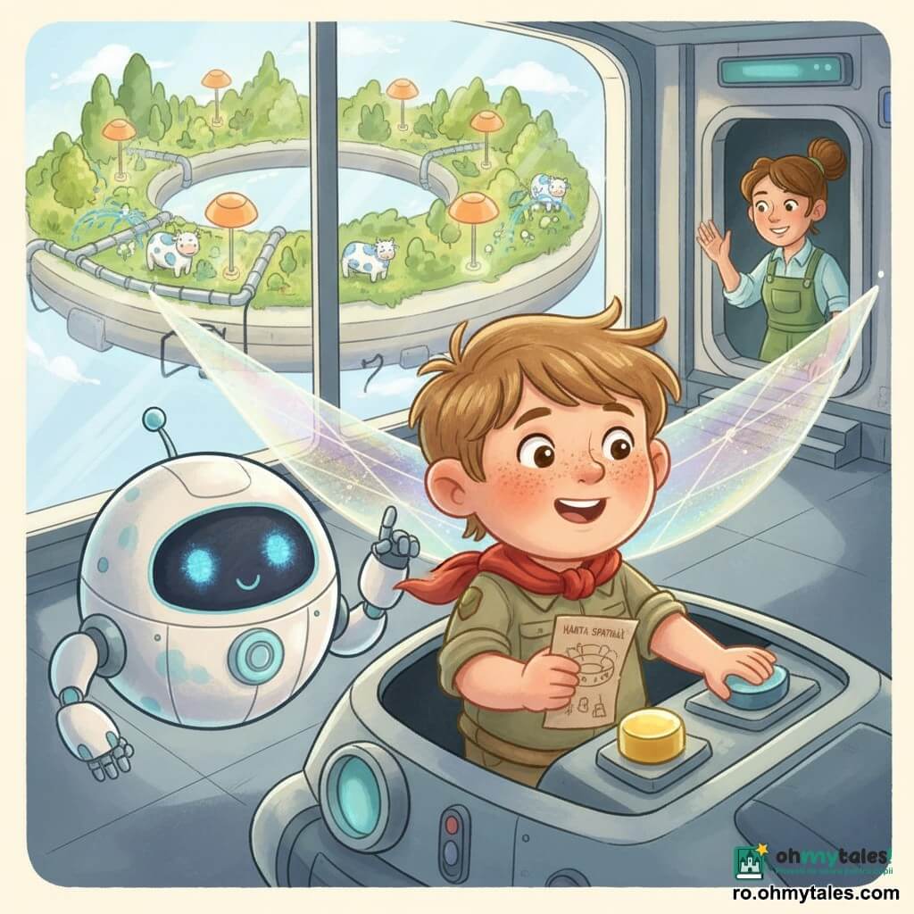 Un băiat de 6 ani cu față rotundă și pistrui, păr șaten deschis dezordonat, purtând un costum mic de explorator kaki cu eșarfă roșie, ține o hartă și apasă un buton galben în cabina unei mici navete spațiale; un robot prietenos rotund numit Luni, alb cu accente bleu, plutește lângă el și indică o consolă, o femeie adultă (Mara) în salopetă verde cu păr prins în coc zâmbește în fundal în sasul unei ferme spațiale; hangar luminos cu ferestre panoramice ce arată un inel-ferma plutitor acoperit de grădini verzi, lămpi solare portocalii și mici vaci-robot albe cu pete albastre care udă plantele; naveta pregătește decolare sau sosire cu vela fotonică irizată desfășurată ca o aripă mare, atmosferă blândă în culori calde și pastelate, stil gouache copilăresc cu texturi de pensulă vizibile, contururi moi și iluminare visătoare.
