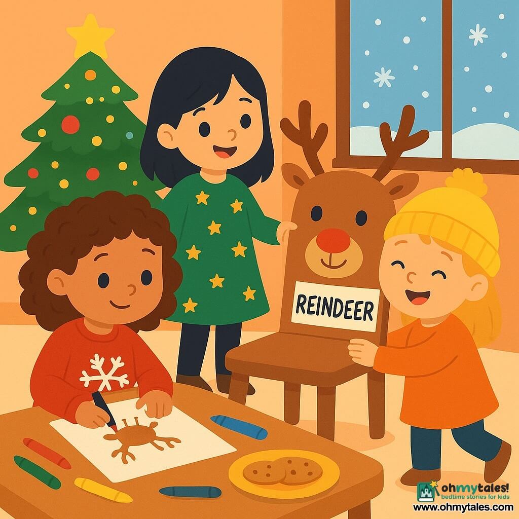 There are three characters: Mia, a 3-year-old girl with curly brown hair, wearing a red sweater with snowflakes, drawing a reindeer on a piece of paper; Lily, a 3-year-old girl with straight black hair, wearing a green dress with golden stars, looking at the word "REINDEER" on a label stuck to a chair; and Rose, a 3-year-old girl with soft blonde hair, wearing a yellow hat and laughing while hugging the chair that has become a "reindeer." The setting is a cozy little room filled with soft light. A large Christmas tree sparkles in the corner, decorated with shimmering garlands and colorful baubles. On the table, colored pencils and sheets of paper are scattered, while a plate of warm cookies gives off a sweet aroma. The window is covered in snowflakes, creating a winter atmosphere. The main scene shows the three girls laughing and playing around a chair transformed into a "reindeer" by a magical label. They enjoy imagining stories with their new "reindeer," creating a joyful and magical Christmas atmosphere.