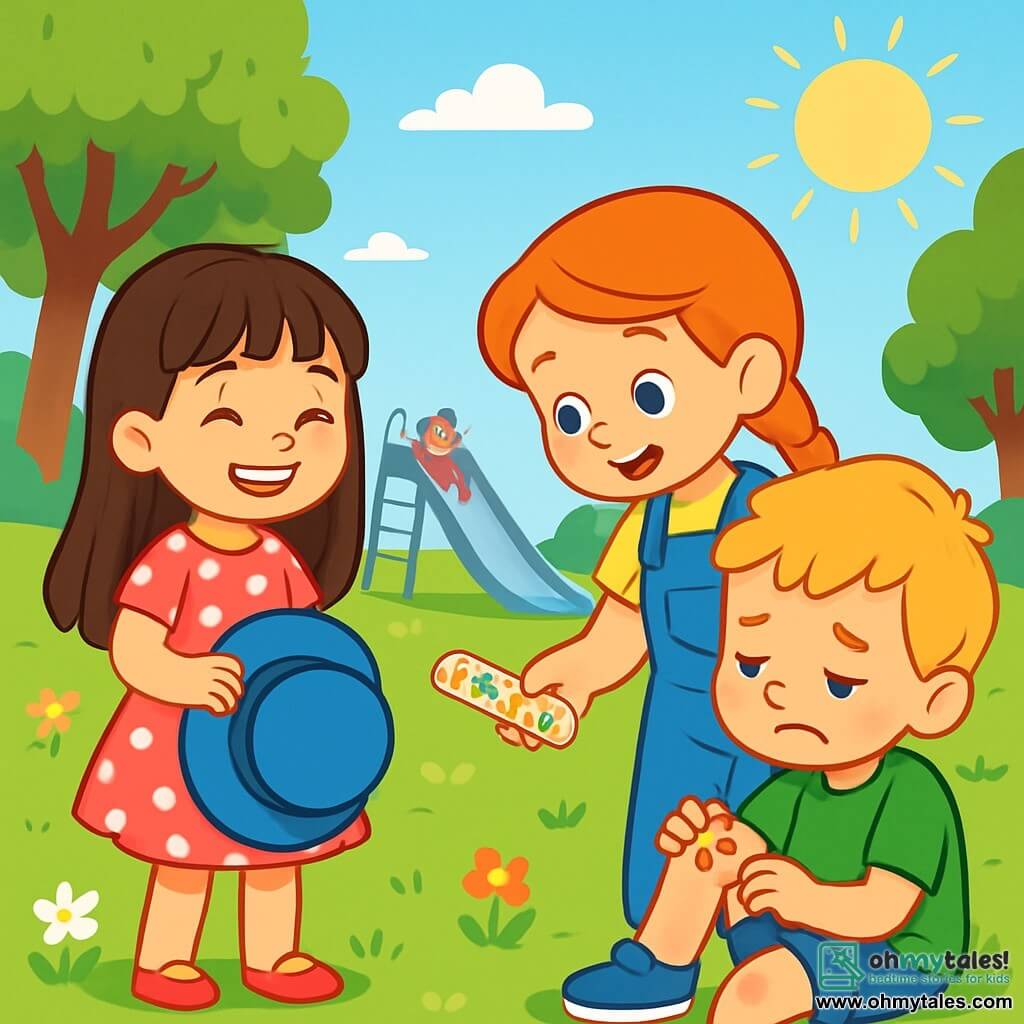 There are 3 characters: - Lily: a 5-year-old girl with long brown hair, wearing a pink dress with white polka dots. She is cheerful and smiling, holding her blue hat in her hands. - Ben: a 5-year-old boy with messy blonde hair, wearing a green t-shirt and denim shorts. He is sitting on the ground, a bit sad, rubbing his knee. - Emma: a 5-year-old girl with braided red hair, dressed in blue overalls and a yellow t-shirt. She is standing next to Ben, showing him a colorful band-aid with dinosaurs. The scene takes place in a large green park filled with colorful flowers and majestic trees. The sky is bright blue, and the sun is shining, casting soft shadows on the grass. A shiny metal slide can be seen nearby, surrounded by children playing and laughing. The main situation shows Lily, Ben, and Emma sharing a moment of friendship. Lily has just found her blue hat, while Emma helps Ben get up after his fall. The three children are smiling, illustrating the joy of friendship and mutual support.