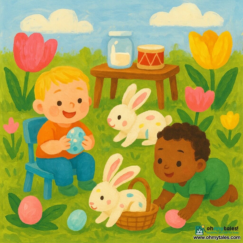 Three characters: a 2-year-old blond boy with rosy round cheeks sitting left on a small blue seat smiling and holding a light-blue painted Easter egg, a 1-year-old curly-brown boy in a short-sleeve green onesie crawling right with a hand reaching for a pink egg on a leaf, and a small white rabbit with pink inner ears and pastel paint spots centered behind them gently hopping toward a wicker basket. Sunny garden with textured green lawn, large colorful flowers (pink and yellow tulips), broad-stroked grasses, a small wooden table holding a glass jar and red toy drum, and a pale blue sky with fluffy clouds. Calm joyful Easter egg hunt with soft colors, rounded forms, visible gouache strokes, warm safe atmosphere.