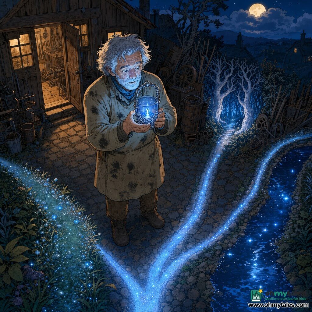 An older man, Elias, with a gentle, lined face and messy gray hair wears a soot-stained beige work smock and holds a small blue glass lantern like a cup with a braided silver handle; a cornflower-blue flame flickers inside, casting cool reflections on his face as he gazes at it with wonder and concentration. A distant crescent moon is half-hidden by clouds above a cobbled alley before a wooden workshop with small-pane windows, stacked tools and metal fragments; three luminous paths begin at his feet—one glittering with dew, one vanishing into a grove of white-barked twisted trees, and one following a river that mirrors the stars. Elias hesitates at the start of the three glowing paths, the warm tones of the workshop contrasting with the cool blues of the lantern and paths, rendered in clear-line style with detailed textures.