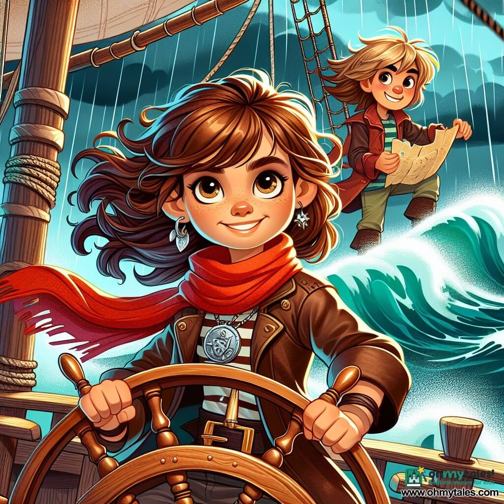 In the foreground, a young pirate woman, Captain Mina O’Malley, stands proudly at the helm of her ship, the Lucky Luna. She has flowing brown hair, a mischievous smile, and sparkling eyes full of determination. She wears a bright red scarf and a worn leather jacket, with a shining sword at her belt. Beside her, Patch, her 12-year-old first mate, is tall and a bit clumsy. He has tousled blonde hair and a worried look, holding a treasure map in his hands, leaning towards Mina. Dotty, a 9-year-old girl with braids and an oversized pirate hat, climbs the mast, her eyes shining with excitement as she scans the horizon. The backdrop is a tumultuous sea, with raging waves and a stormy sky where dark clouds gather in the distance. The ship is surrounded by twinkling starlights beginning to appear, contrasting with the threatening darkness. The main scene shows Mina and her crew preparing to confront another pirate ship, with palpable tension in the air. Their faces are determined, ready to defend their treasure and embark on another thrilling adventure.