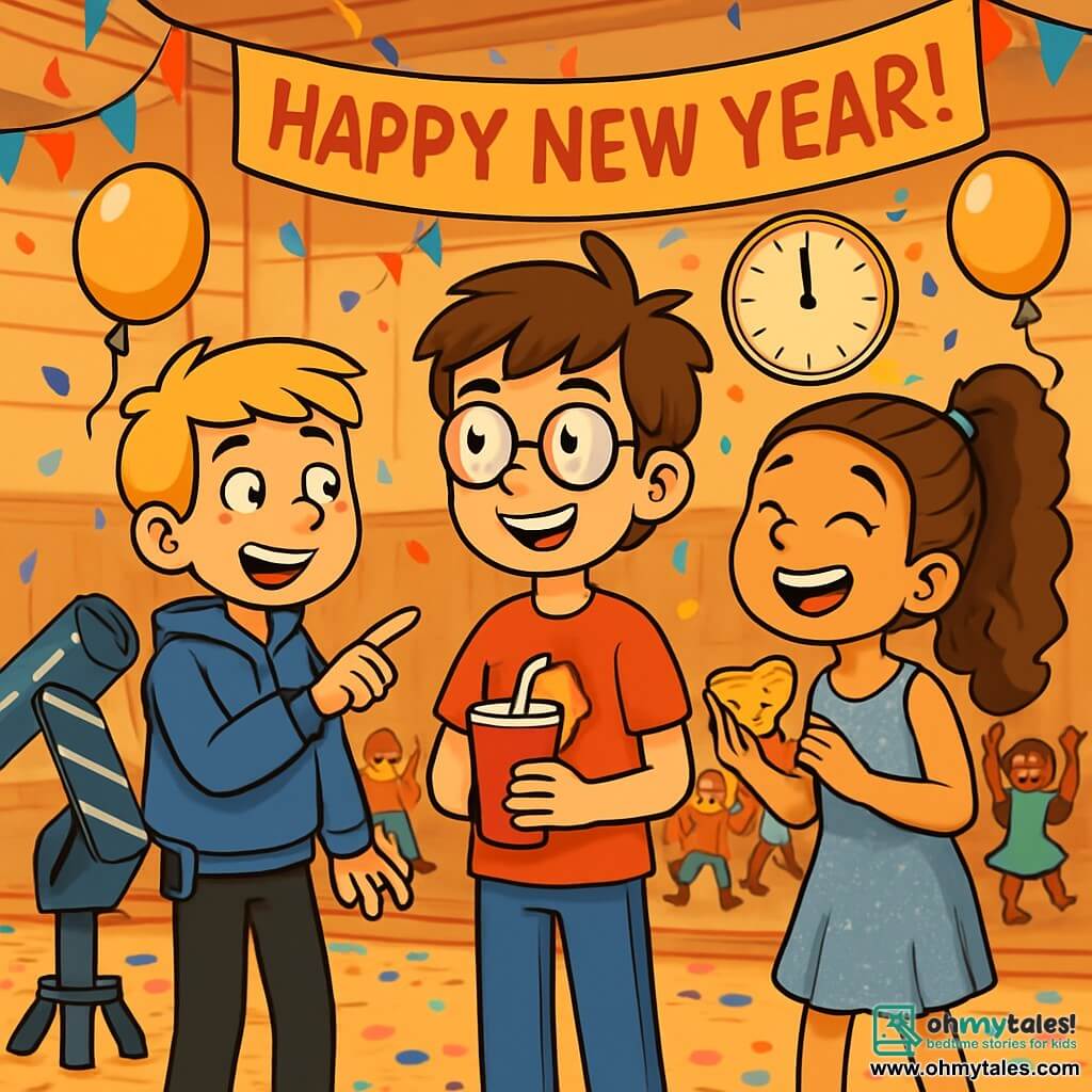 There are 3 characters: Noah, an 11-year-old boy with messy brown hair and round glasses, wearing a red t-shirt with a funny logo and jeans, standing in the center, smiling and holding a soda cup. Max, an 11-year-old boy with blond hair and freckles, is to the left of Noah, pointing at a large confetti machine while wearing a blue hoodie and black pants. Maya, a 10-year-old girl with long curly hair in a ponytail, is to the right of Noah, laughing and holding a slice of pizza, dressed in a sparkling silver dress and ballet flats. The main setting is a large gym decorated for a New Year's party, with colorful streamers hanging from the ceiling, golden balloons floating in the air, and a large banner saying "Happy New Year!" on the wall. The floor is covered in multicolored confetti, and a big clock shines above a stage where children are dancing joyfully. The main situation shows Noah, Max, and Maya surrounded by their friends, ready to launch the confetti cannon just before midnight, with palpable excitement as all the children laugh and move eagerly to celebrate the New Year with flair and joy.