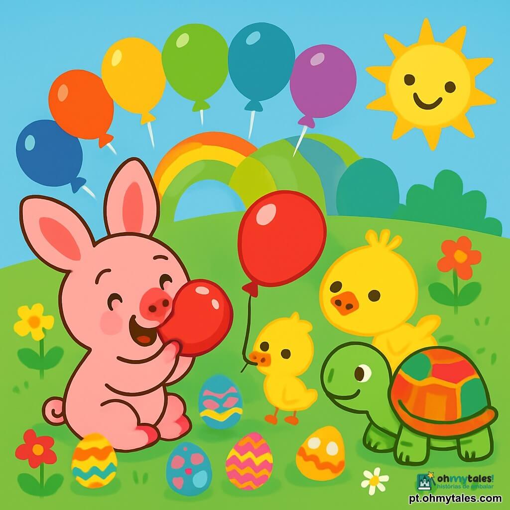 Um pequeno porquinho rosa, Coelhinho Tico, com grandes orelhas e um sorriso radiante, está enchendo um balão vermelho brilhante, seu rosto irradiando alegria e excitação. Ao seu lado, um pássaro amarelo vivo, Passarinho Piu, com penas fofas e olhos brilhantes, segura uma corda de balão com o bico, exibindo uma expressão de entusiasmo. Uma tartaruga verde, Tartaruga Lili, com uma carapaça colorida e um olhar amigável, observa os dois amigos sorrindo, pronta para ajudá-los. A cena se passa em um prado verdejante, salpicado de flores multicoloridas, sob um céu azul claro, onde o sol brilha alegremente. No centro da imagem, balões de todas as cores flutuam suavemente, criando um arco-íris vibrante acima dos personagens. Tico, Piu e Lili estão se preparando para uma caça aos ovos de Páscoa, cercados de ovos decorados que se escondem entre as flores e a grama.